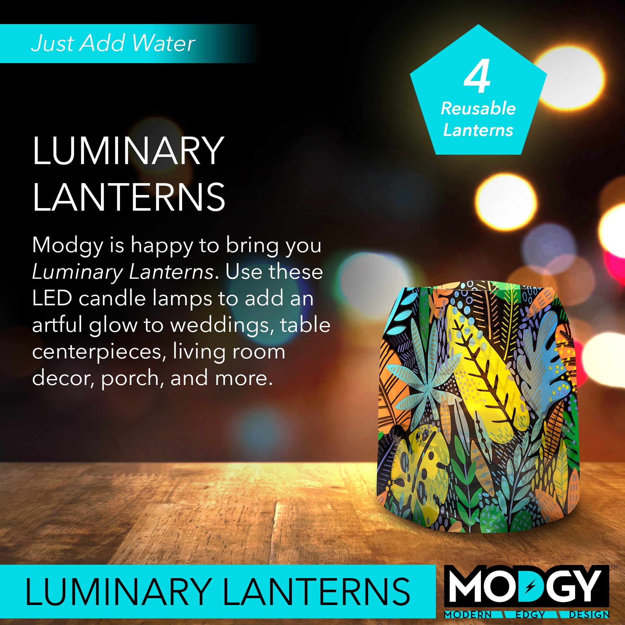MODGY Luminary Lanterns Candle Holder Decorative Indoor Outdoor Decor, Lanterns for Wedding Centerpiece Decoration Outside Patio 4-Pack, with Flameless Floating LED Candles JungleBoogie
