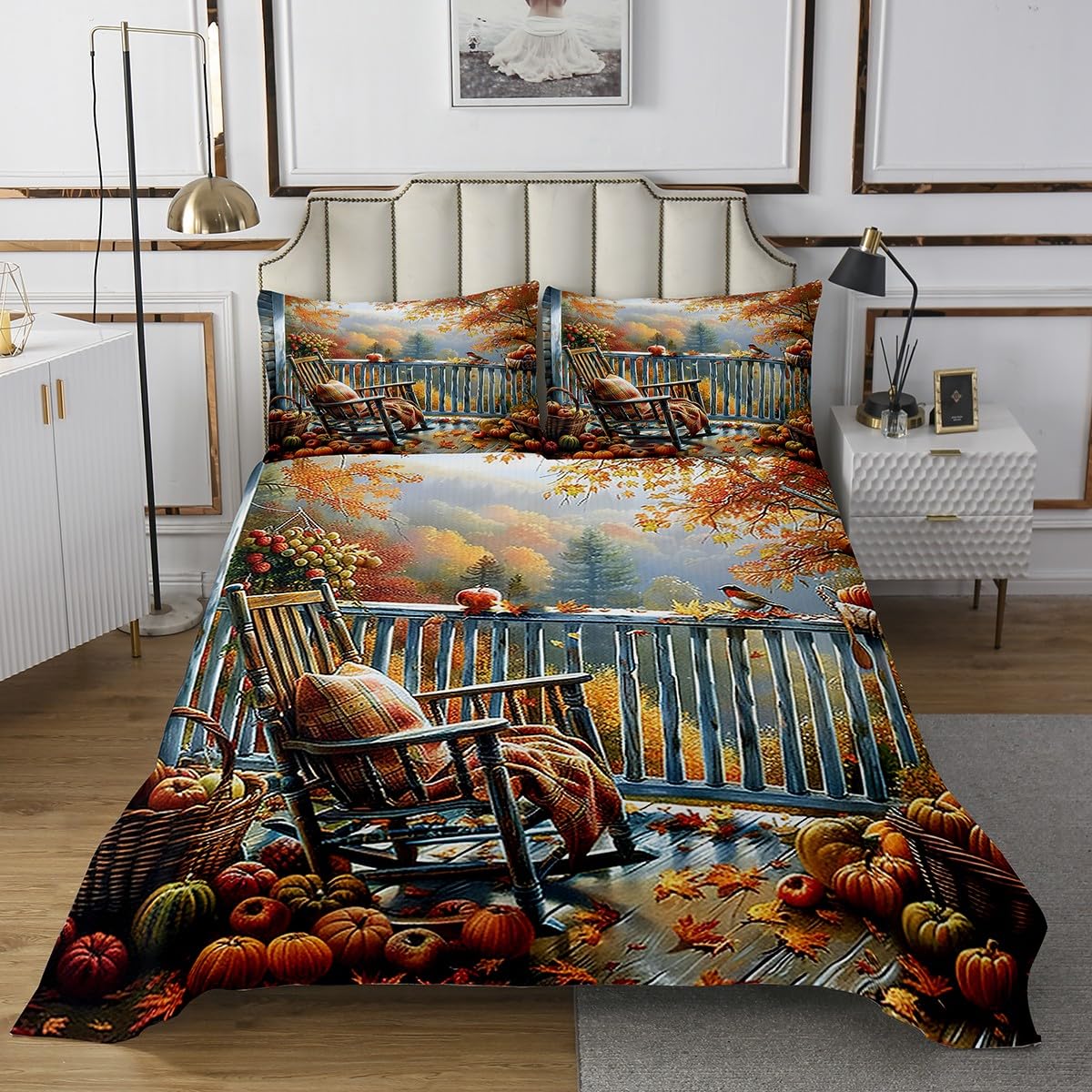 Autumn Theme Kids Bedspread Twin Size,Fall Harvest Pumpkin Jungle Maple Leaves Coverlet Set,Boys Girls Room Decor,Natural Scenery Rustic Quilted Coverlet,Orange Bedding Quilt,1 Pillowcase