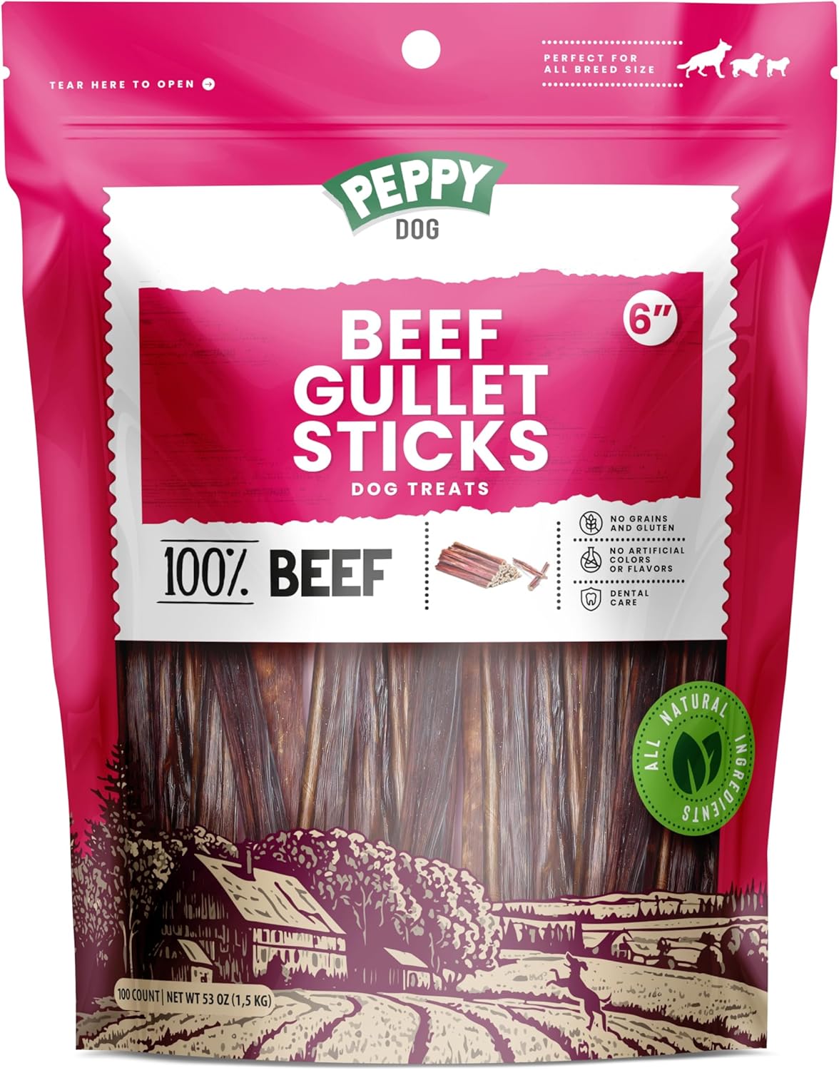 Natural Gullet Jerky Chews 6 inch (100 Count) | Flat Esophagus Strips | High Protein Treats | Single Ingredient | No Rawhide | Long Lasting Snack for All Breeds