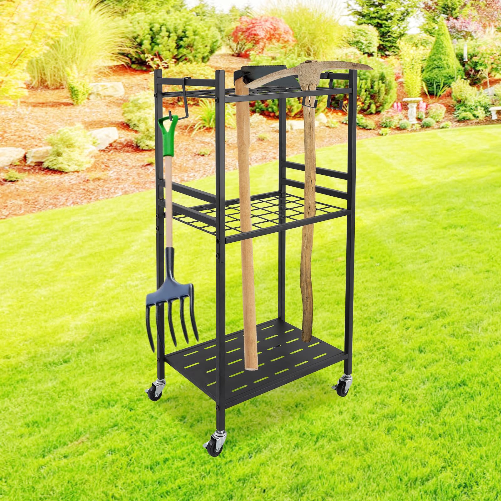 Supporto per attrezzi da giardino, in metallo, per attrezzi da giardino, 43 x 30 x 79,5 cm, con ruote per giardino e garage