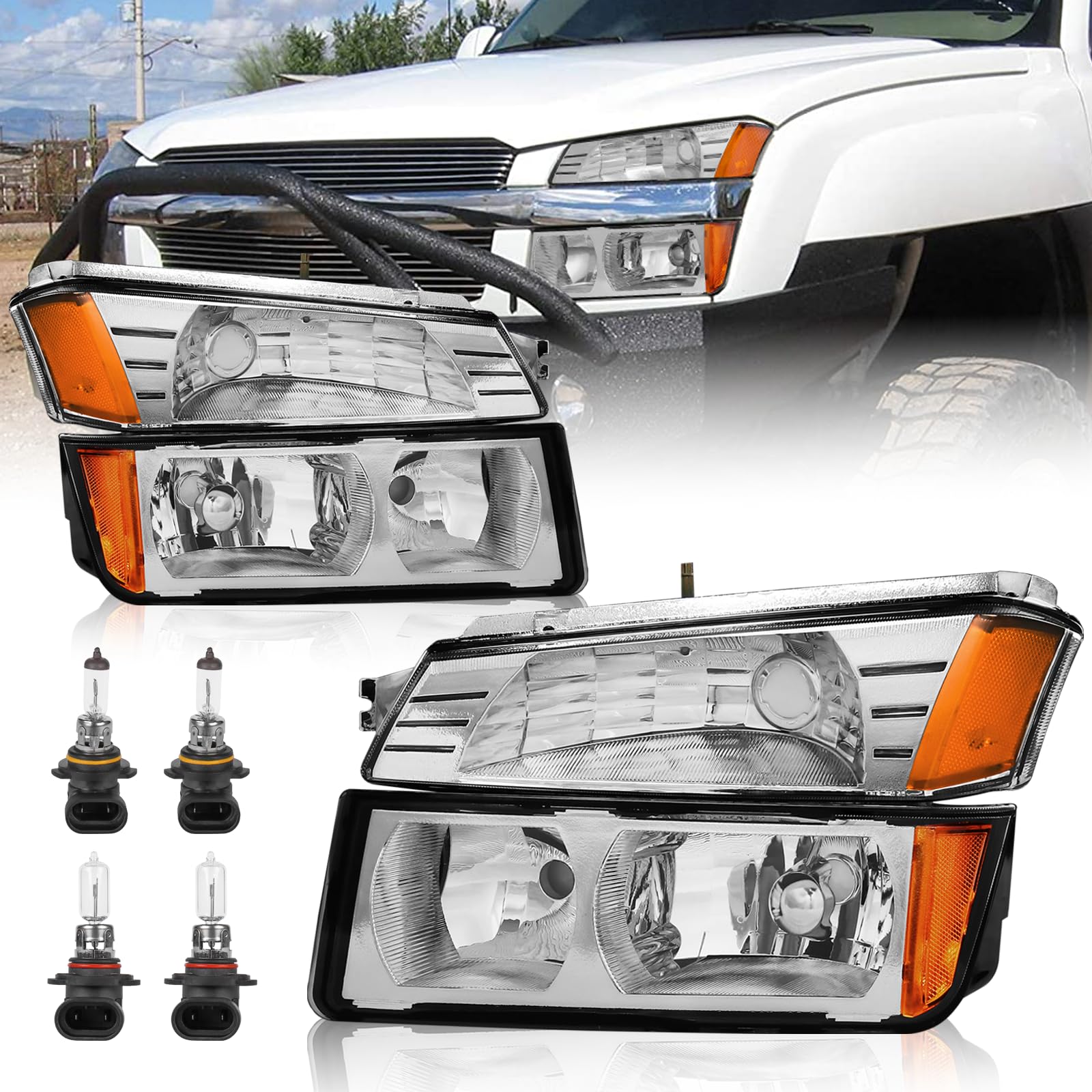 KUIPERAUTO Headlight Set Compatible with 2002-2006 Chevy Avalanche with Body Cladding Pickup Bumper Lights w/High/Low Bulb 9005+9006 (included) Chrome