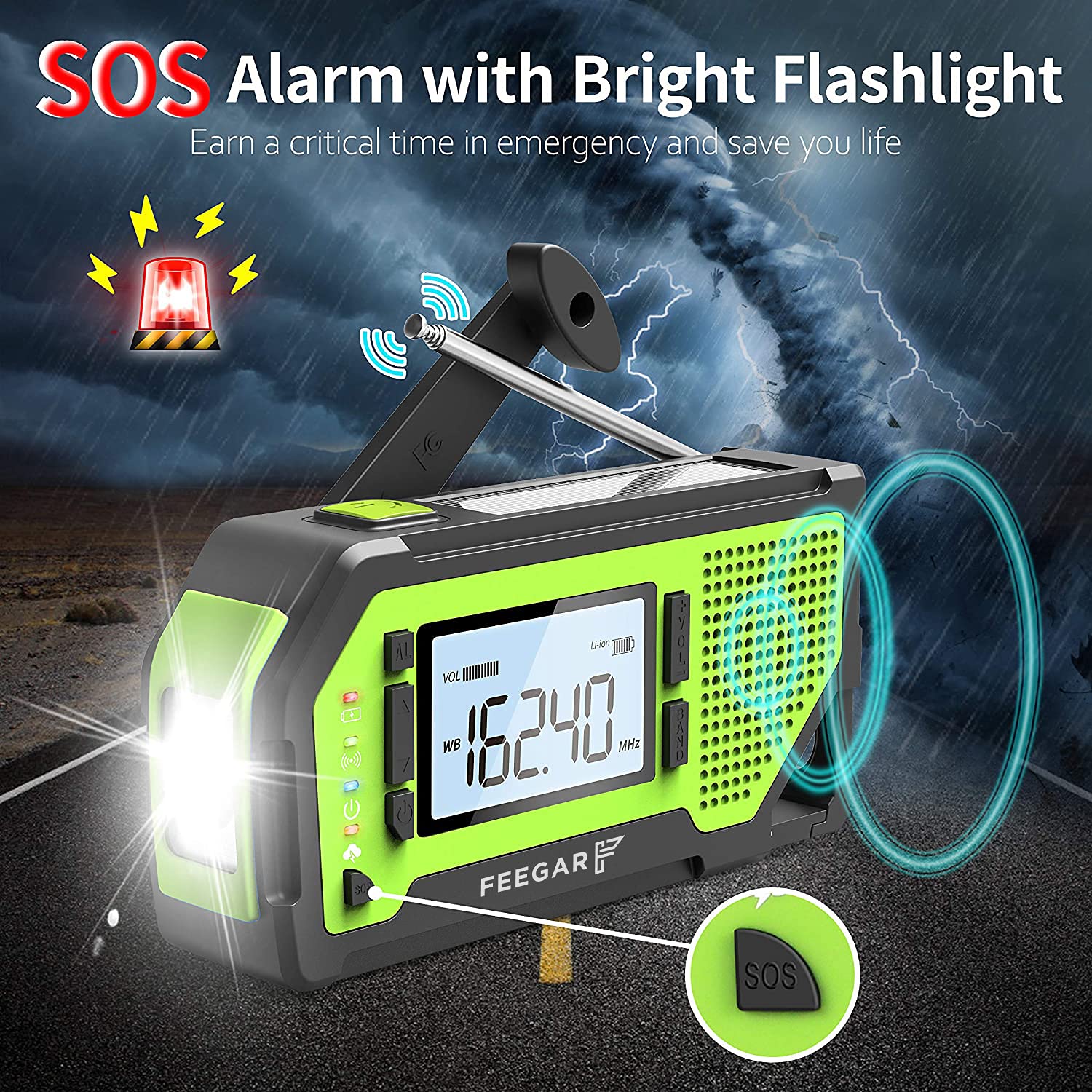 Notfall Solar Radio Feegar OZE Pro Handkurbel-Radio tragbar AM/FM Wetter Notfallradio großes LCD-Display SOS-Alarm solarbetrieben 2000mAh Wiederaufladbar Powerbank für Zuhause und Notfall