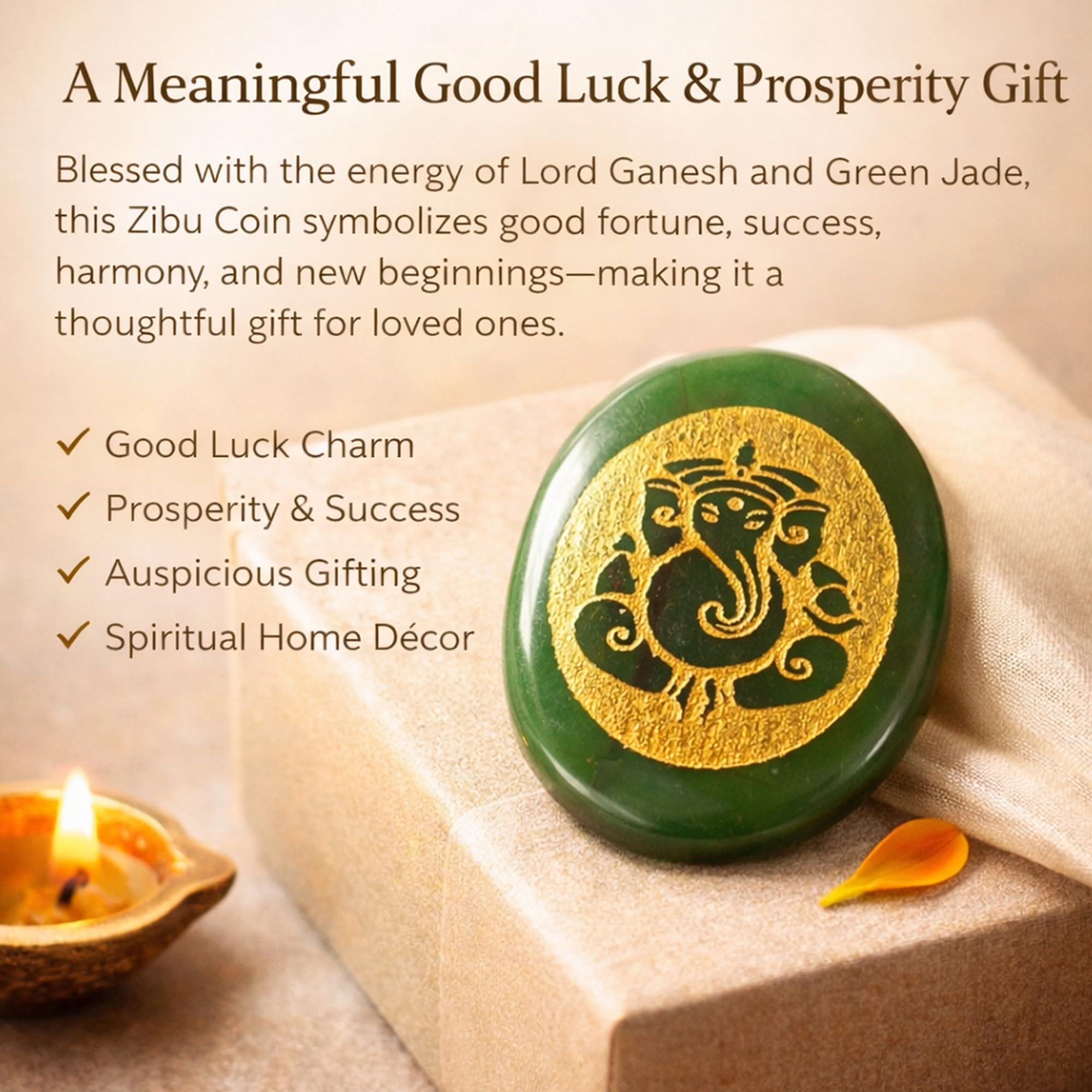 SEREIN Shri Ganesha Green Jade Zibu Coin Stone with Golden Engraved Ganesh Symbol for Prosperity, Wisdom Ganpati Bapa Good Luck Coins Meditation Pooja Altar Office Desk Positive Energy Gift 3