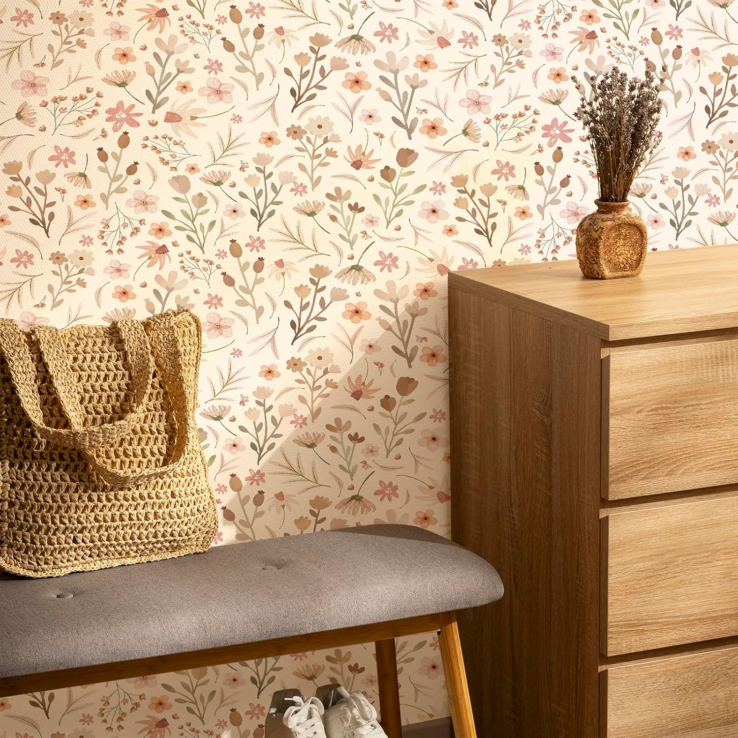 Kazova Boho Floral Wallpaper Peel and Stick Wildflower Contact Paper 15.7x23.6 Inch Waterproof Removable Vinyl for Cabinet Drawer Shelf Liner Nursery Bedroom DIY Crafts（2 Sheets）