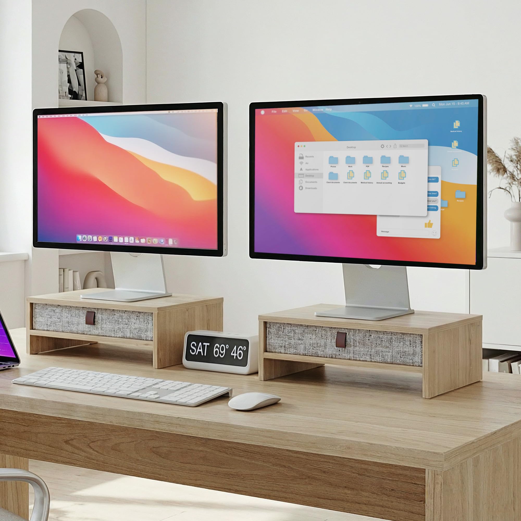 Fenge Support de Moniteur avec tiroir, 42.5cm Réhausseur d'Écran d'Ordinateur, Organisateur de Bureau pour PC / Ordinateur Portable / Imprimante, 42.5 × 23.5 × 14.2 cm, Charge de 20KG (Chêne)