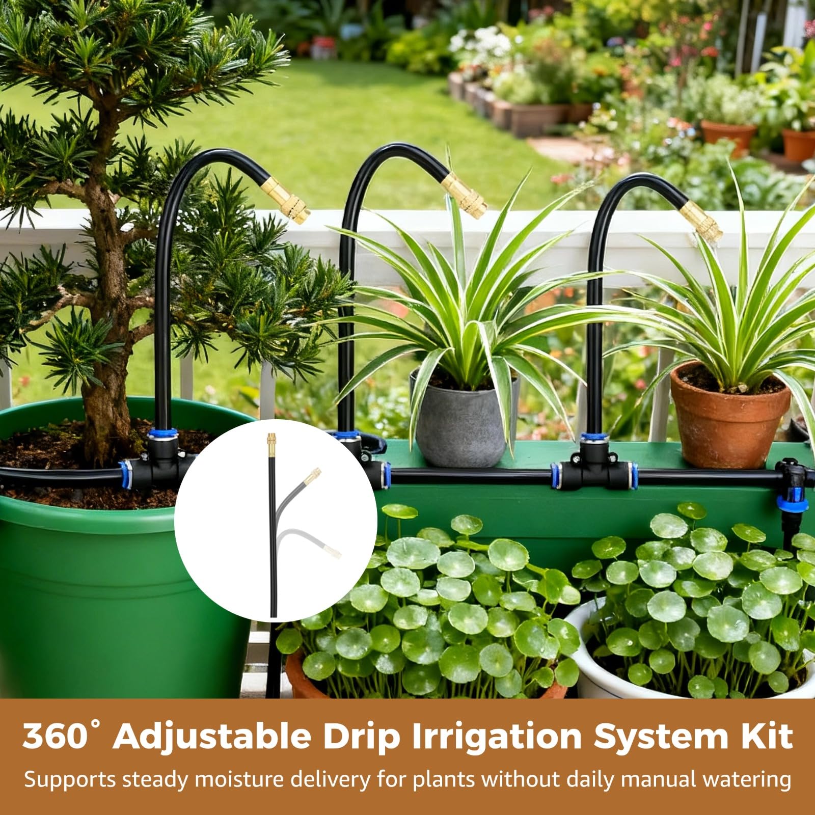 Kit de sistema de riego por goteo ajustable de 360°, sistema de atomización de riego de jardín con 15 boquillas flexibles, manguera de 50 pies y 5/16 pulgadas, juego de riego por pulverización con