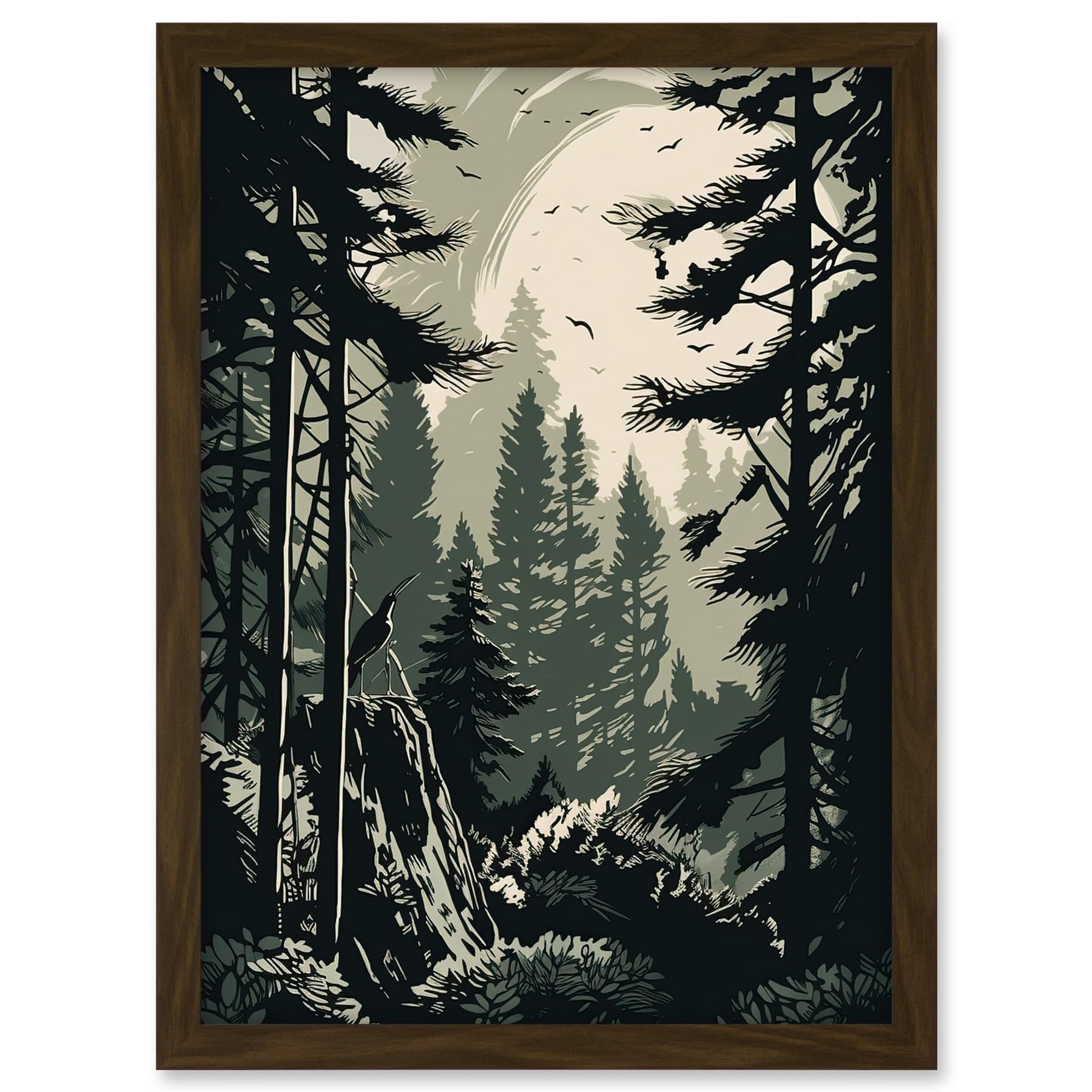 Artery8 Pine Tree Forest Sunrise Landscape Illustration Artwork Framed A3 Wall Art Print