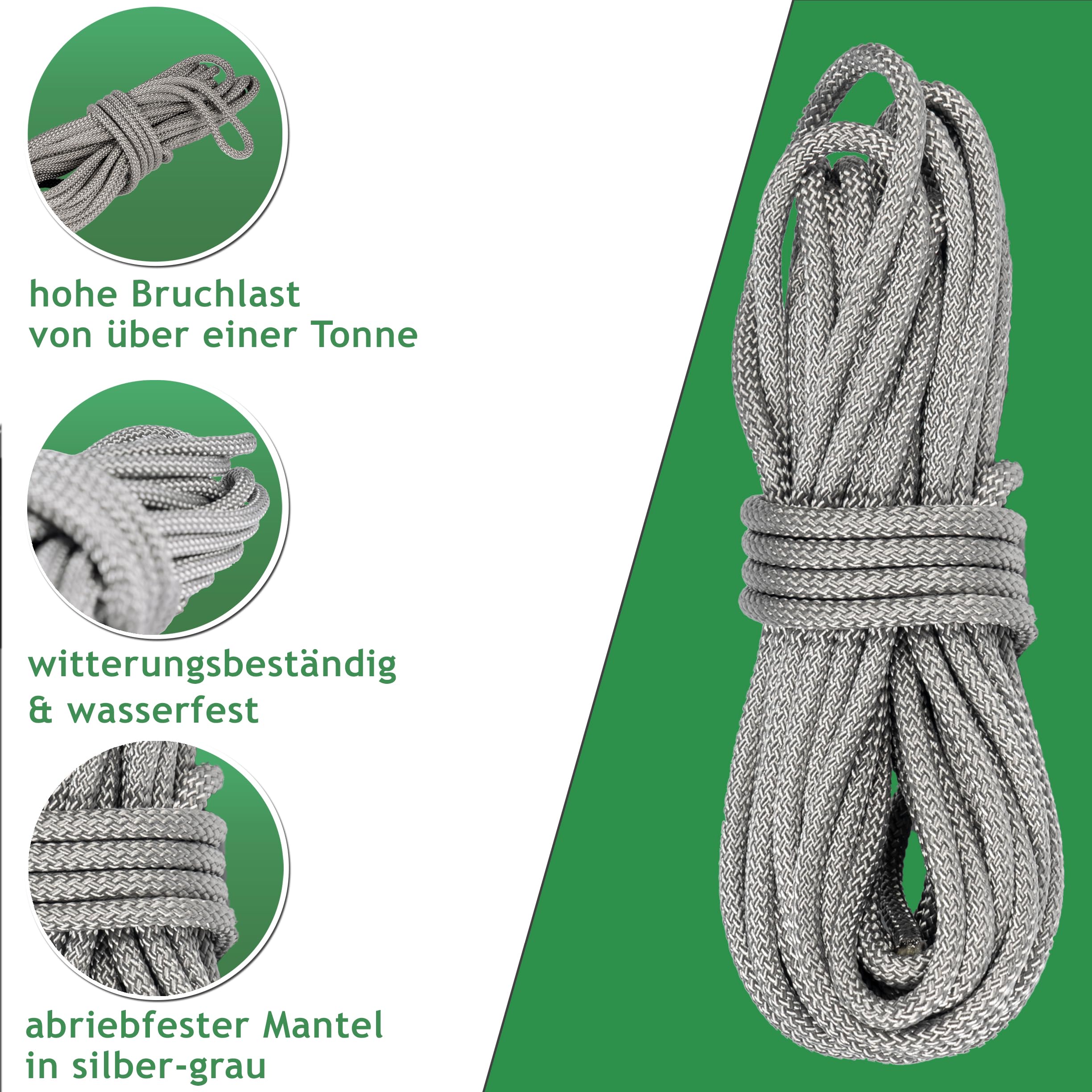 16m Tauwerk, Ø 6mm Seil für Sonnensegel aus Polyester Silber-grau | für Flaschenzug, Umlenkrolle, Seilzug & Boote, 800kg Reißlast & Bruchlast 1050 daN (Tauwerk + 4 Seilklemmen)