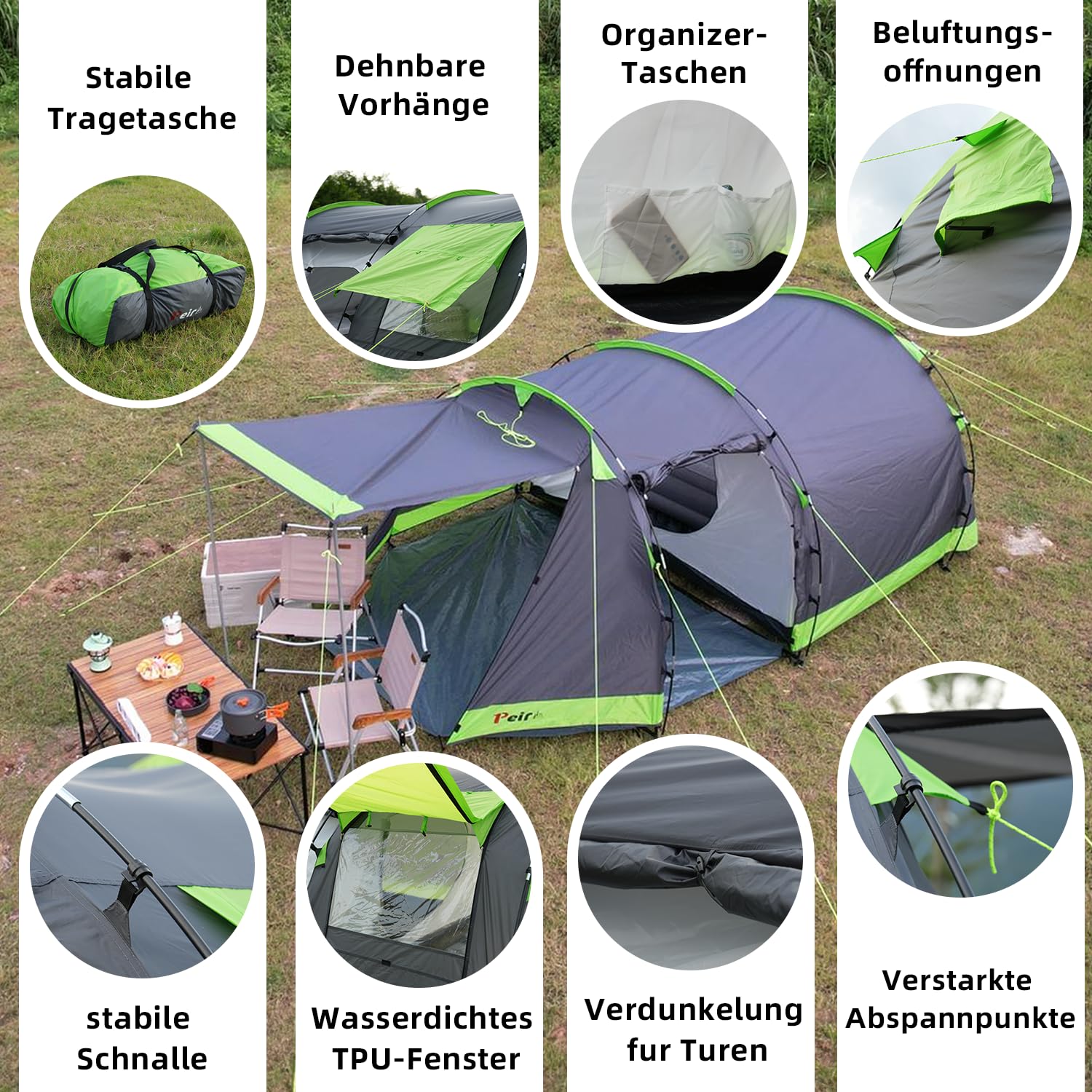Tunnelzelt für 4 Personen, Tipi-Zelt Groß Campingzelt mit Schlafkabine, 3000 mm wasserdichtes Familienzelt, Hauszelt mit 3 Eingängen, Glamping-Zelt mit abnehmbarem Zeltboden