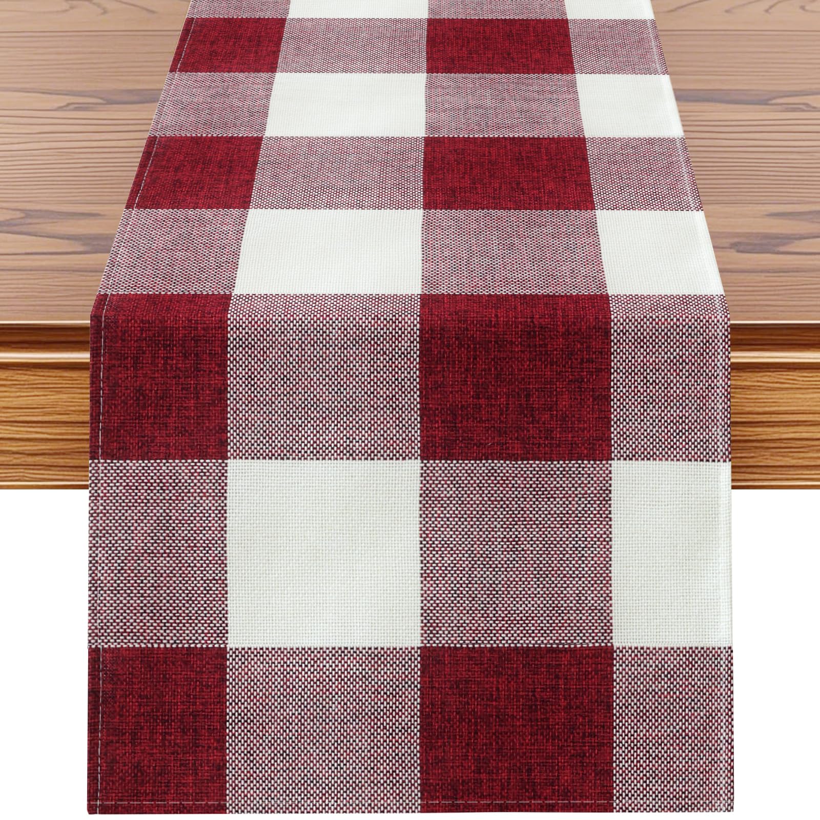 Sungeek Burgundy and White Buffalo Plaid Christmas Table Runner, Winter Xmas Holiday Farmhouse Kitchen Dining Home Party Check Tartan Table Decoration 40x140 cm