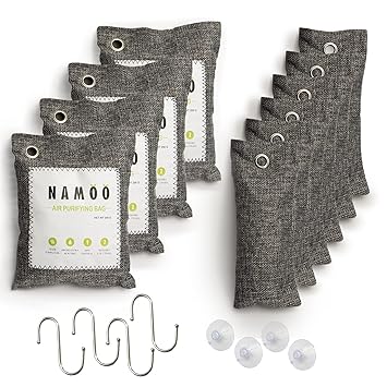 Namoo Natural Air purifying Charcoal bags, Odor eliminator. 10 pack (200g x 4 pack)+(75g x 6 pack) + (4 hooks) + (4 suction cups).