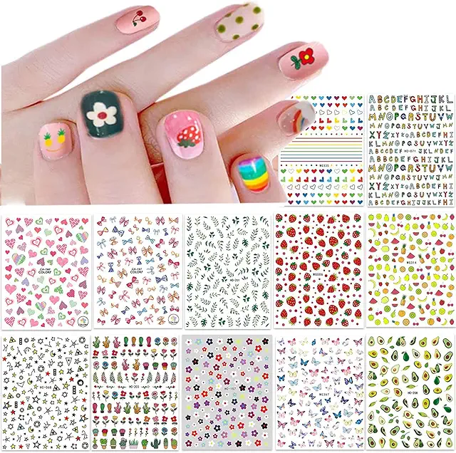 12 Blatt Nagelsticker Set - Süße Kinder Nail Art Aufkleber mit Weihnachtsblumen, Tieren und Pflanzen