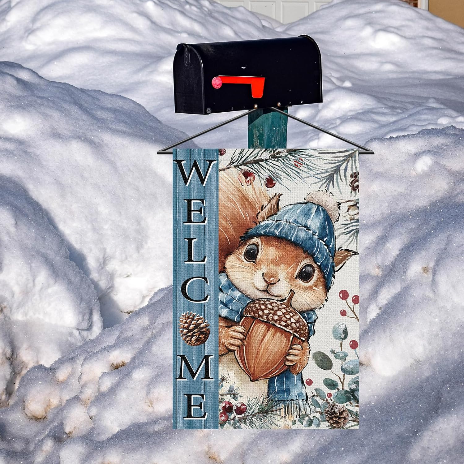 Welcome Winter Squirrel Garden Flag Double Sided Burlap,Acorn Red Berry Pine Needle Christmas Yard Outdoor Decorative Flag 12 x 18 Inch - Image 4