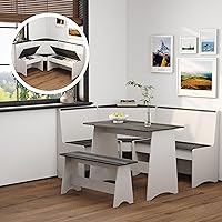 WIDELUCK Farmhouse Breakfast Nook Set with Storage Corner Bench, L-Shaped Mid-Century Dining Table for Small Kitchens (White + Gray)