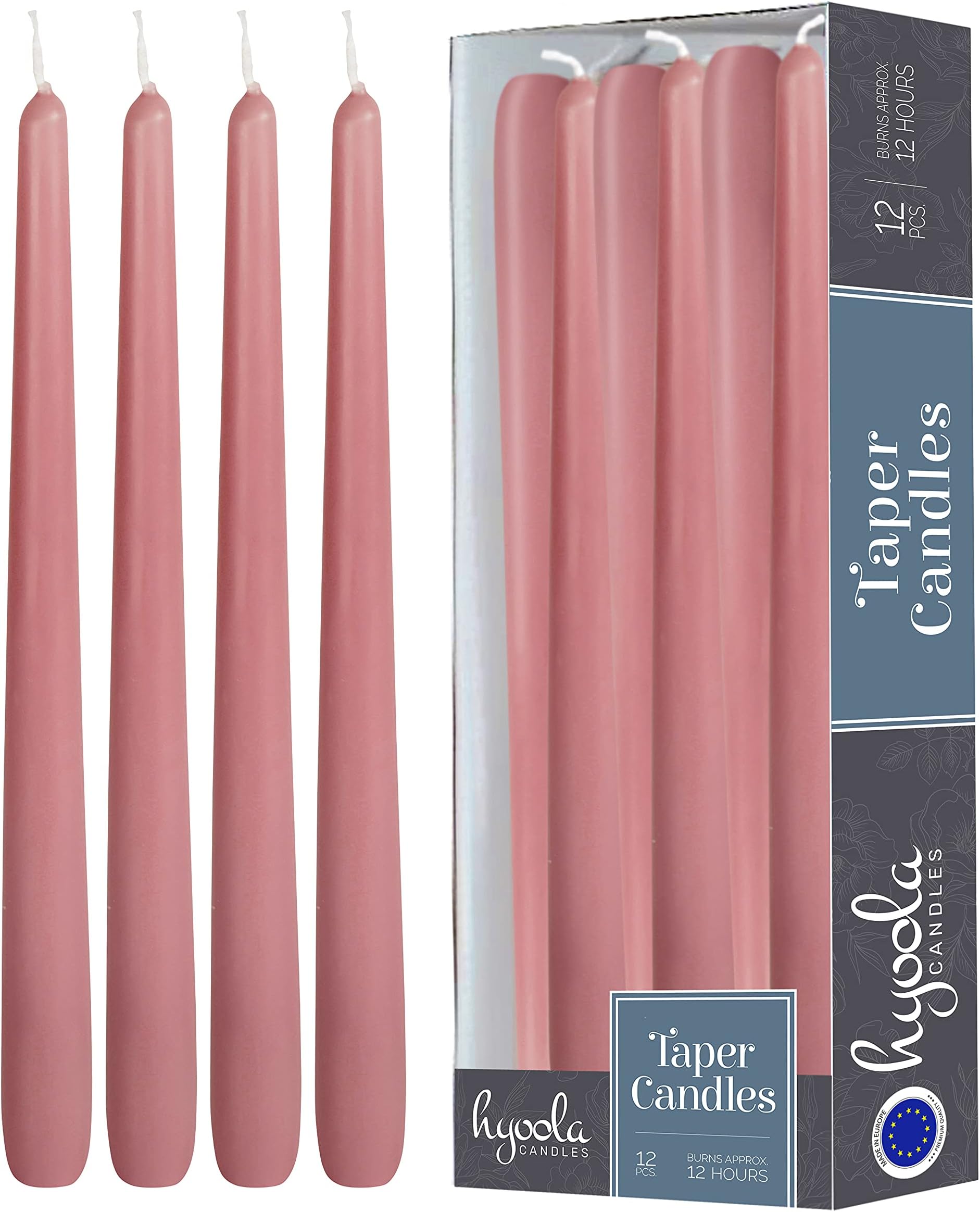 12 Pack Tall Taper Candles - 14 Inch Rose Pink Dripless, Unscented Dinner Candle - Paraffin Wax with Cotton Wicks - 12 Hour Burn Time