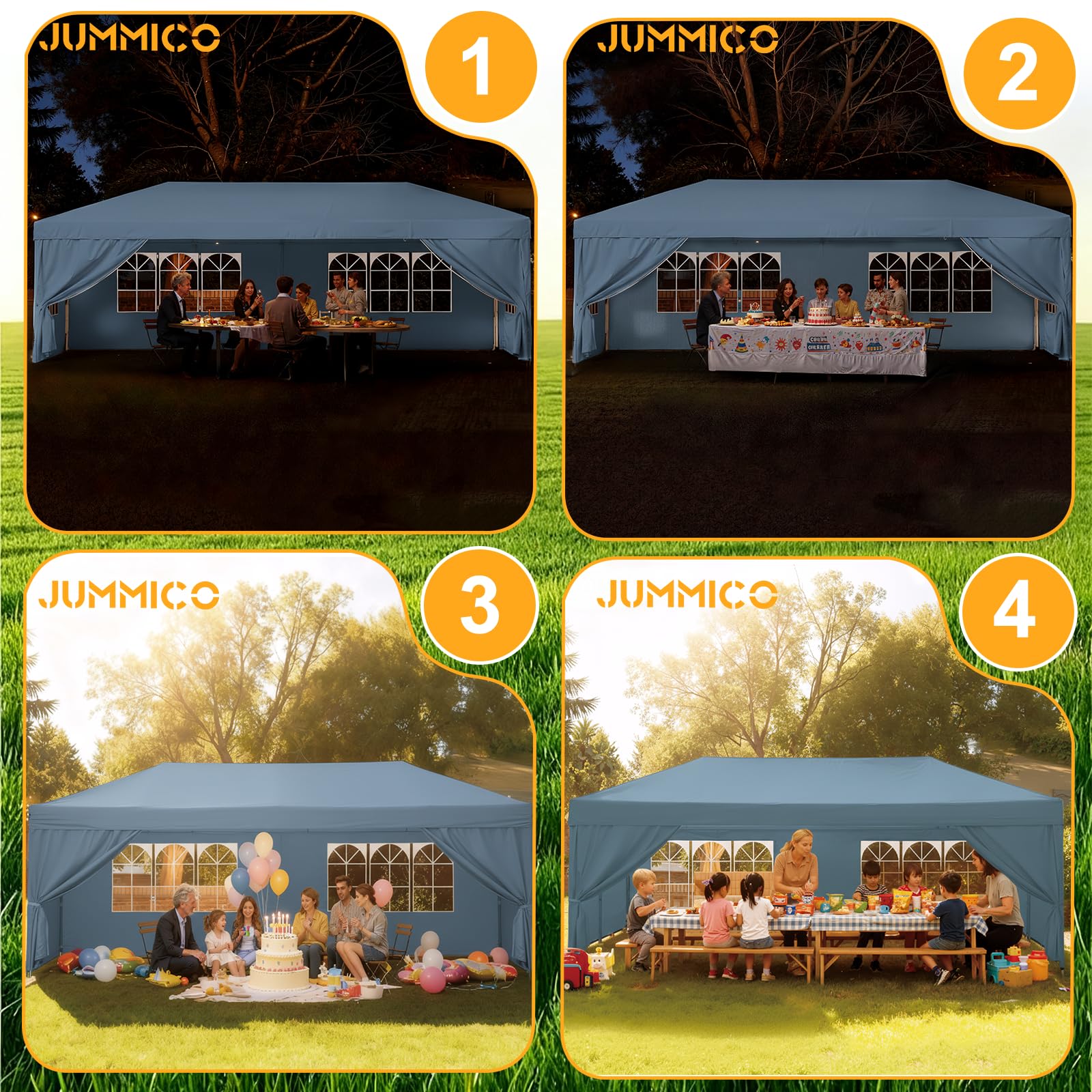 JUMMICO Gazebo 3x6m Pieghevole, Altezza Regolabile, Struttura Stabile, Copertura Esterna Resistente e Impermeabile, Con Pareti Laterali, Con 4 Sacchi di Sabbia di Peso e Sacca da Trasporto, Blu
