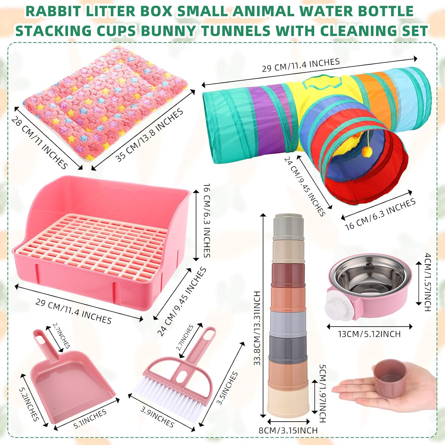 34 Pcs Rabbit Starter Kit Rabbit Litter Box Small Animal Water Bottle Cups Bunny Tunnels Animal Grooming Kit Bowl Blanket with Cleaning Set for Guinea Pig Bunny Accessories(Style 1,Pink)
