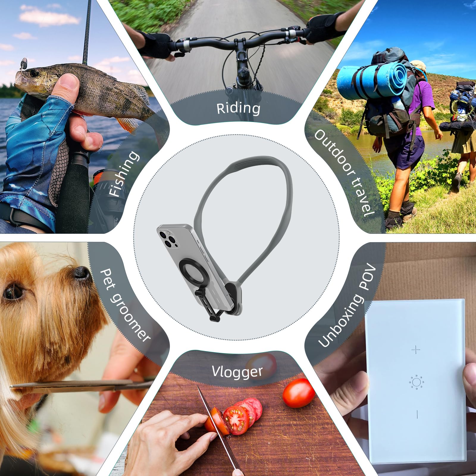 Support de Téléphone pour Le Cou Max.70cm Support Magnétique pour Le Cou pour Téléphone pour Les POV Vlog pour iPhone 17 16 15 14 13 12 Android Phones (Gris avec Harnais)