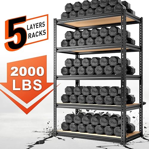 Miniatura 4 de REIBII Estantería de garaje, estantes de almacenamiento de 72 pulgadas de alto, 2000 libras, estantes ajustables de 5 niveles resistentes para