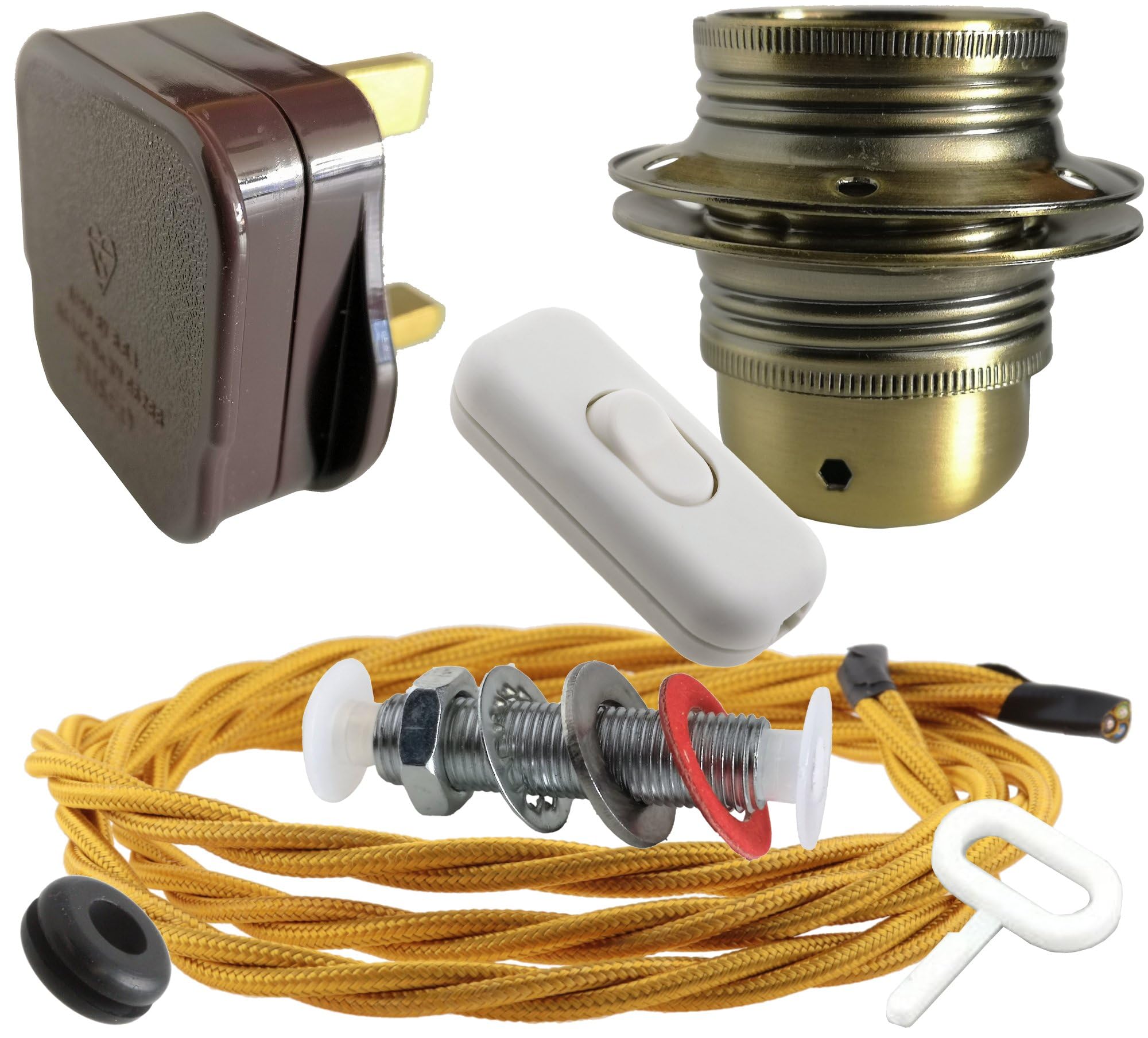 Art Deco Emporium Lamp Repair and Service Kit|Brown Plug|Gold Flex|White Switch|E27 Antique Brass Finish Lamp Holder Holder โ image 1