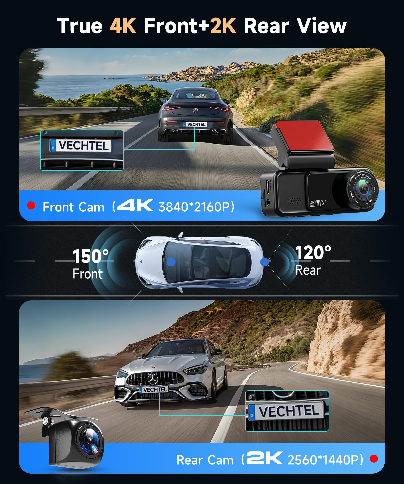 VECHTEL 4K+2K Dashcam Auto Anteriore Posteriore con WiFi 5.8G+2.4G, 2*Telecamera Auto 1080P, Schermo IPS 3.16 Pollici, Monitoraggio Parcheggio 24H, Visione Notturna, Sensore G, con Scheda 64GB