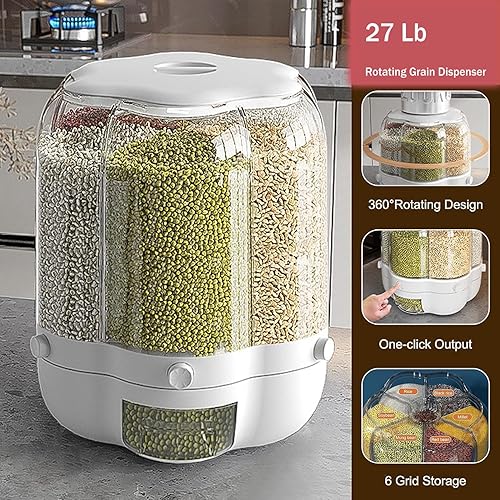 Miniatura 2 de Vivrhintty Dispensador de granos de 27 libras, dispensador de alimentos secos giratorio de 360, contenedor de almacenamiento de arroz de 6