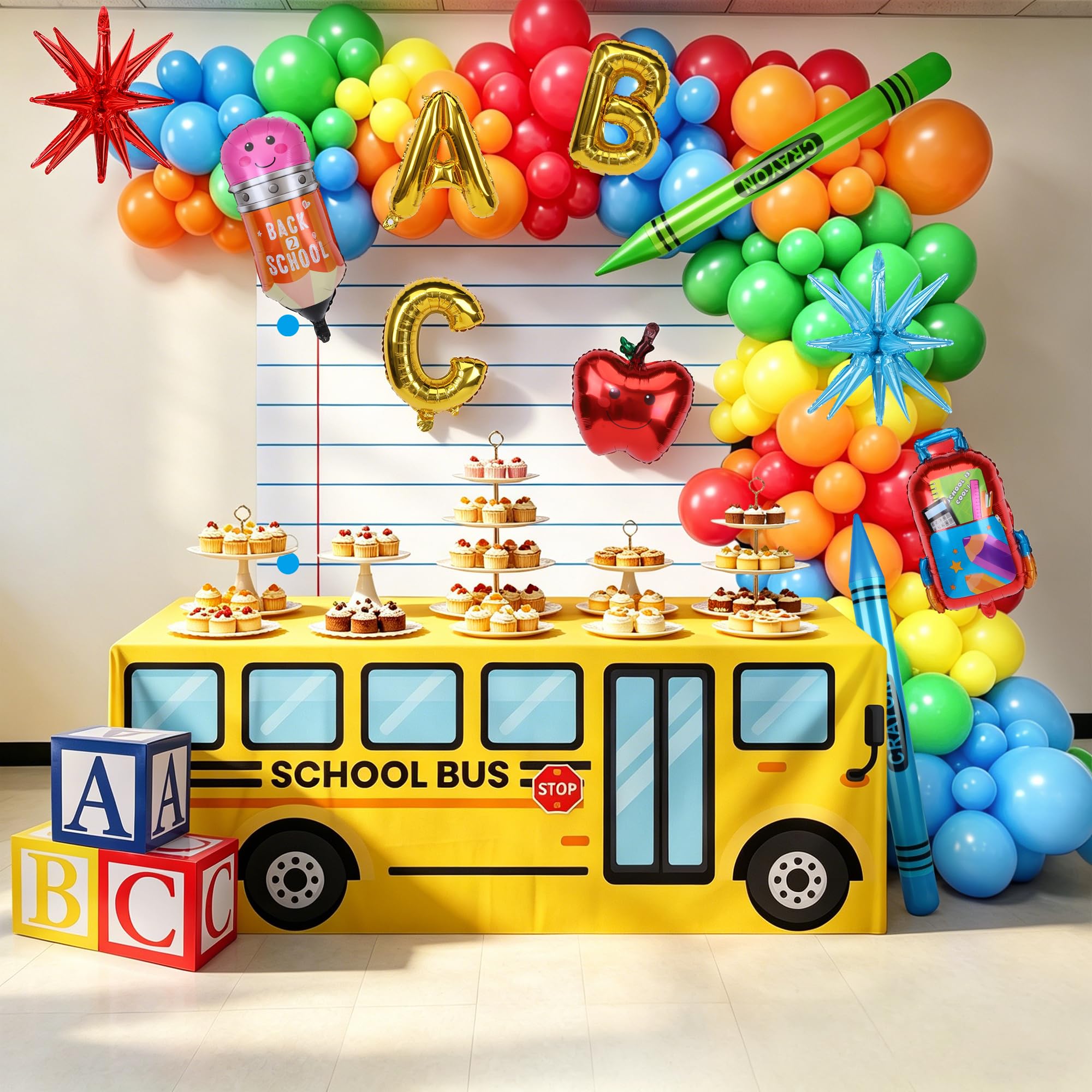 Aneco Kit de decoración de regreso a la escuela, kit de arco de guirnalda de globos con mantel de autobús escolar, cuaderno, telón de fondo, caja ABC inflable para aula, configuración del primer día