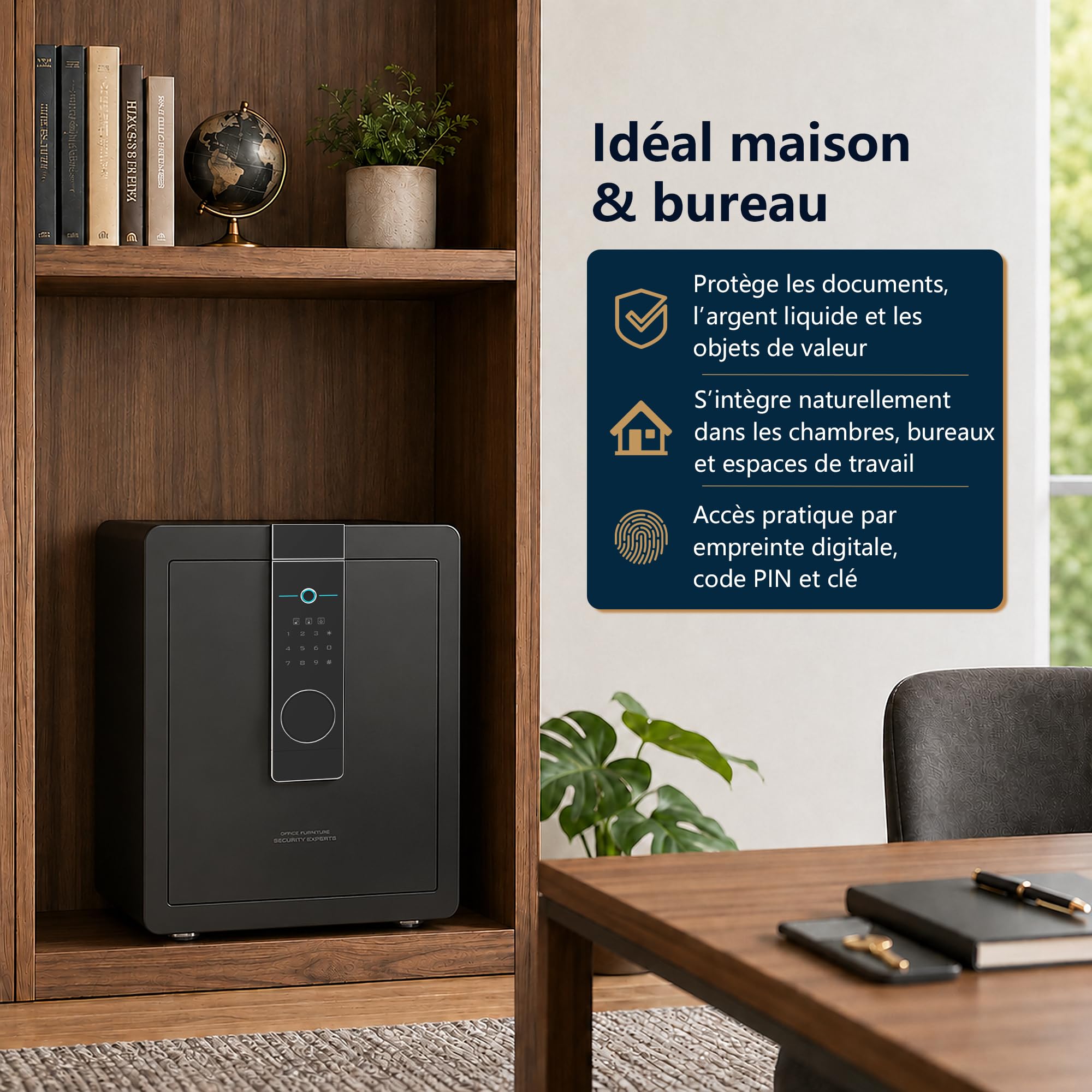 22KG Lourd Coffre Fort en Acier, 52L Coffre-fort Électronique avec Empreinte, Digitale Code et Clé, pour Maison et Bureau, Idéal pour Bijoux, Argent et Documents A4, Notice en Français (Noir,52L)