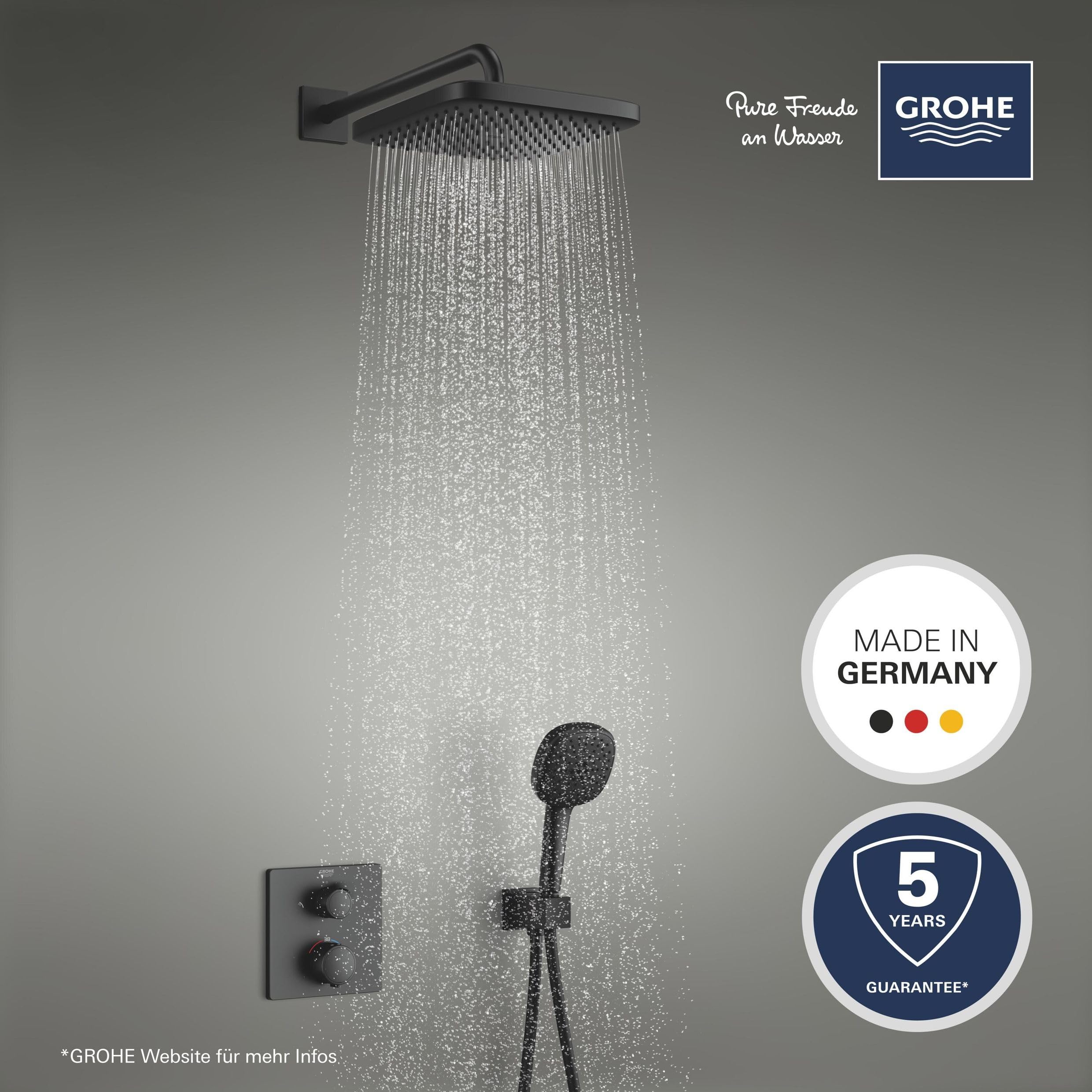 GROHE Precision 250, Unterputz Duschsystem (25cm Regendusche mit Thermostat, Kopfbrause 1 Strahlart, Duschkopf 2 Strahlarten, Komplettset, 1,50m Duschschlauch), eckig, schwarz, 348822430
