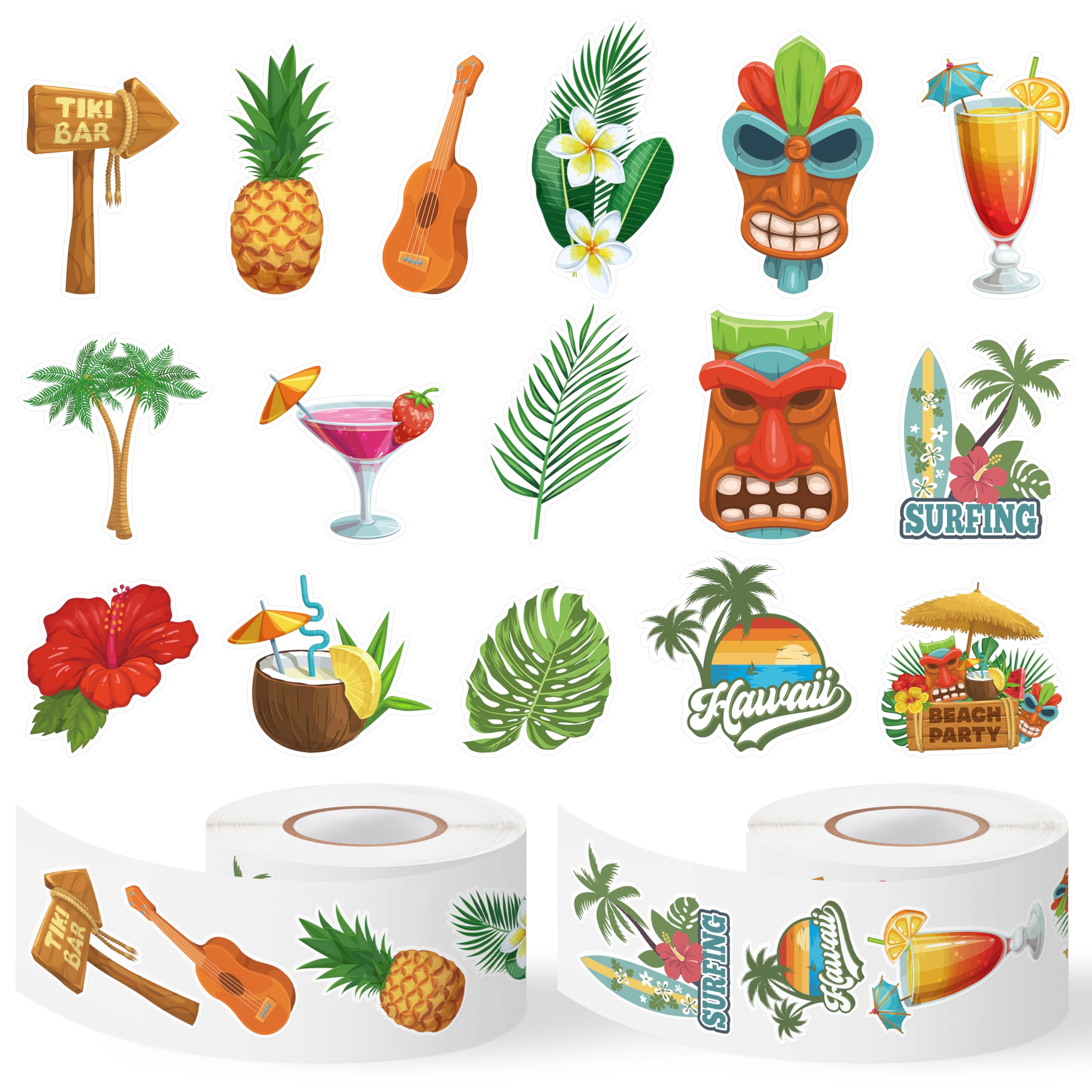 Hawaii Summer Stickers Rolls - 1000 Pcs Hawaii Waterproof Vinyl Reusable Laptop Stickers Coloring Book Scrapbook Water Bottle Page Activity Pad Summer Birthday Party Favors Gift Skateboard