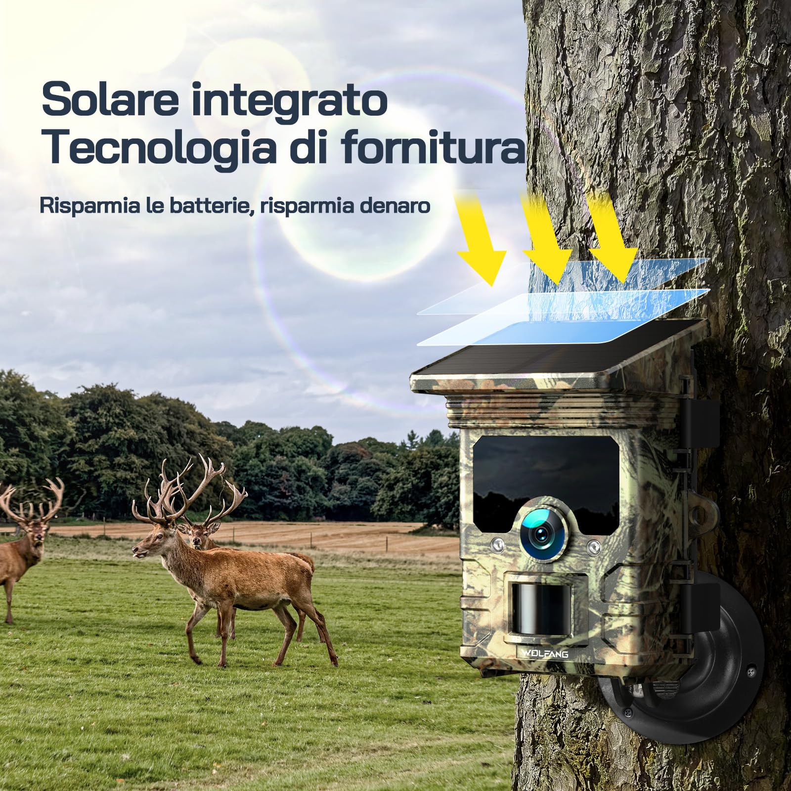 WOLFANG Fototrappola 68MP 4K 30fps, Solare Wi-Fi Bluetooth e App Fotocamera Caccia con Batteria Ricaricabile da 5200mAh, Angolo di Rilevamento 120°, Trigger 0,1S, Visione Notturna Impermeabile IP66