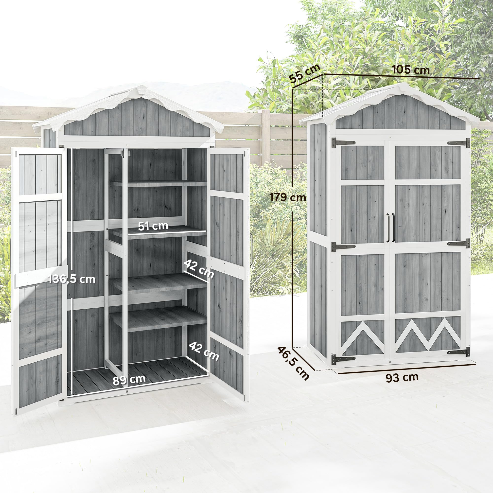 Outsunny Caseta de Jardín de Madera 105x55x179 cm Cobertizo Jardín Exterior Impermeable Armario Exterior Herramientas con Puertas 4 Estantes Extraíbles Techo Metal Galvanizado Pies Ajustables Gris