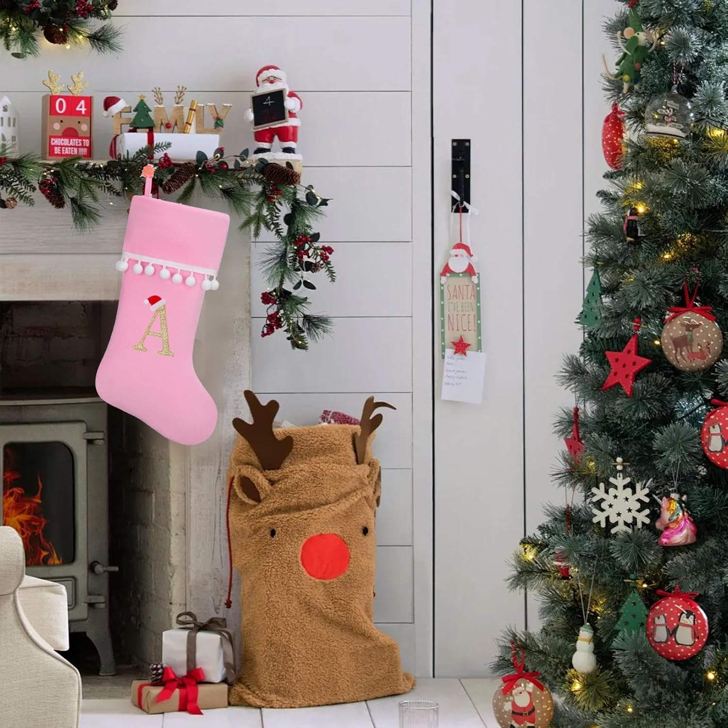 19 Inch Pink Velvet Stockings, Personalized Christmas Stocking, Embroidery Initial with White Pom Pom Trim, Holiday Fireplace Mantel & Xmas Party Decor, Letter E - Image 4