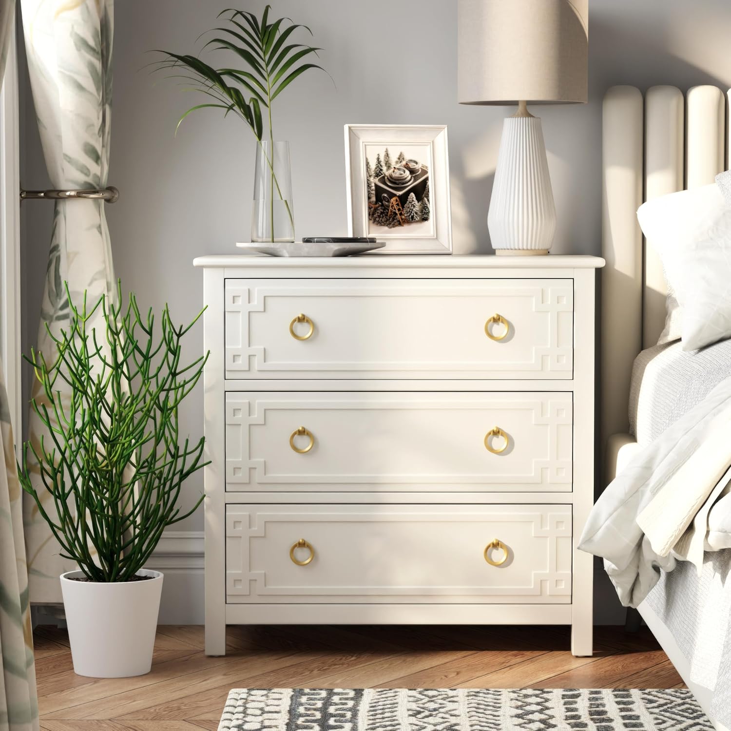 COZAYH Farmhouse 3-Drawer White Dresser - Rustic French Country Chest with Embossed Geometric Lines for Bedroom