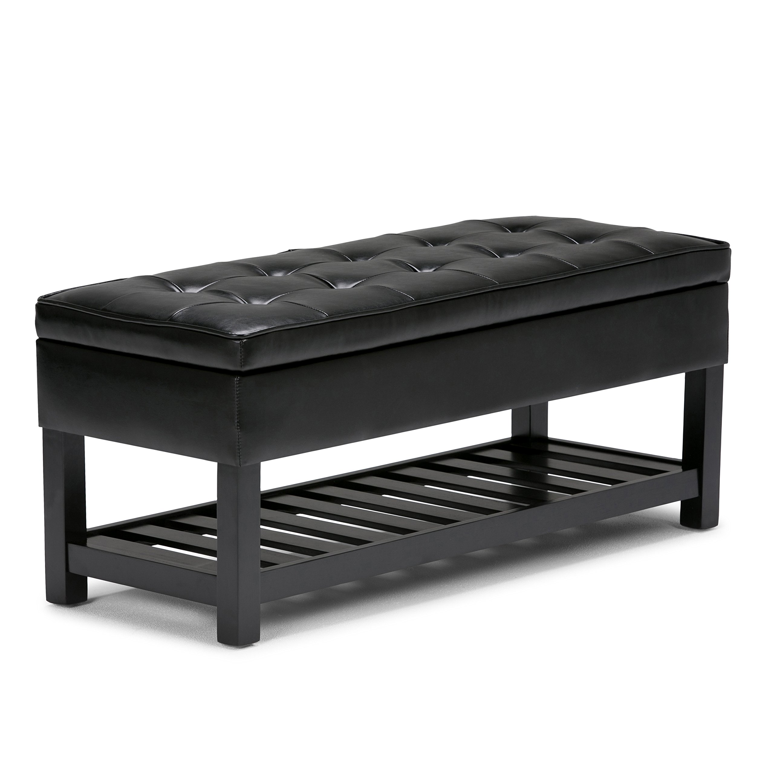 SIMPLIHOME Cosmopolitan 44 Inch Wide Transitional Rectangle Storage Ottoman Bench with Open Bottom in Midnight Black Vegan Faux Leather, For the Living Room and Bedroom