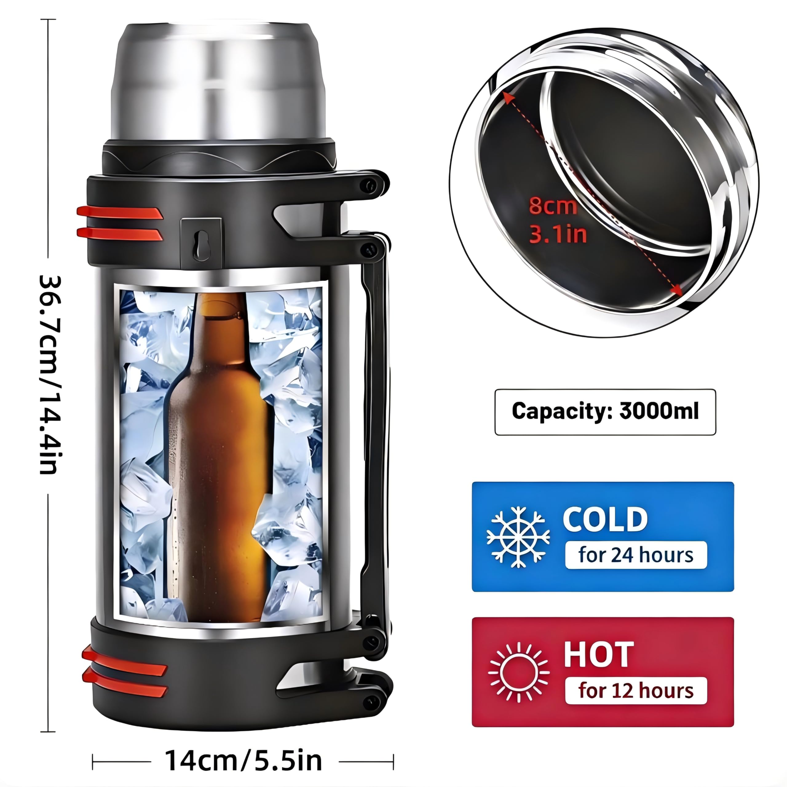 Termos de café grandes 3L, termo de acero inoxidable para viajes