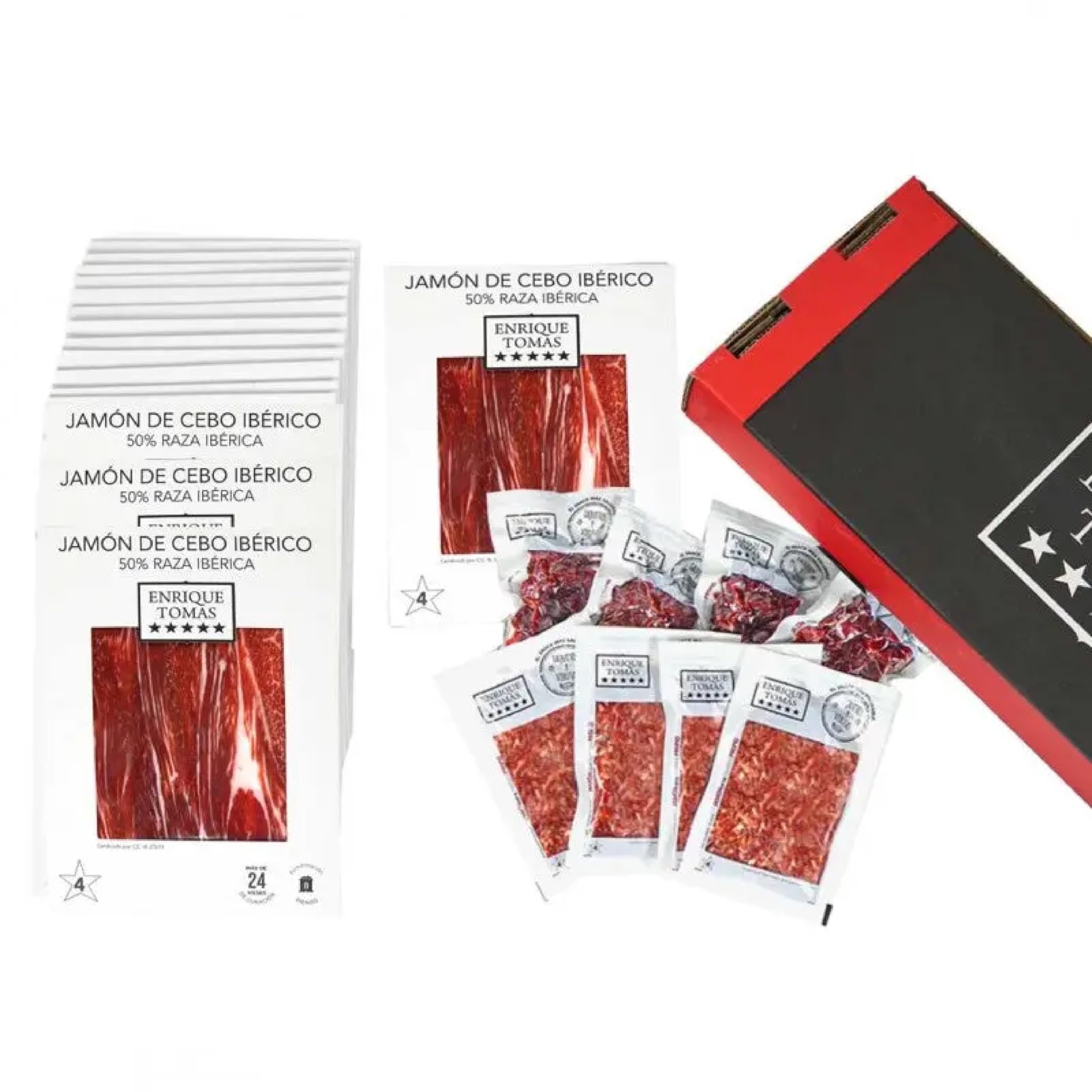 ENRIQUE TOMAS - Jamón de Cebo Ibérico 50% raza Ibérica - No te cortes | Loncheado - 29 sobres de jamón de 80gr + 4 sobres de taquitos 80gr + 4 sobres de virutas 100gr