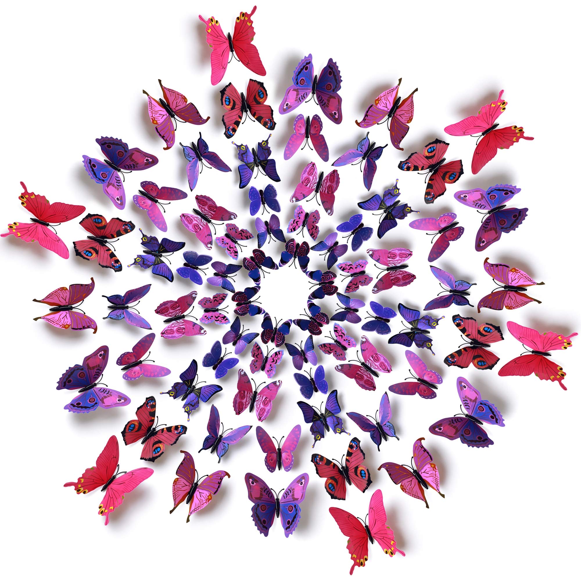 Amaonm® 60 Pcs 5 Packages Beautiful 3d Butterfly Wall Decals Removable Diy Home Decorations Art Decor Wall Stickers & Murals for Babys Bedroom Tv Background Living Room (Purple)