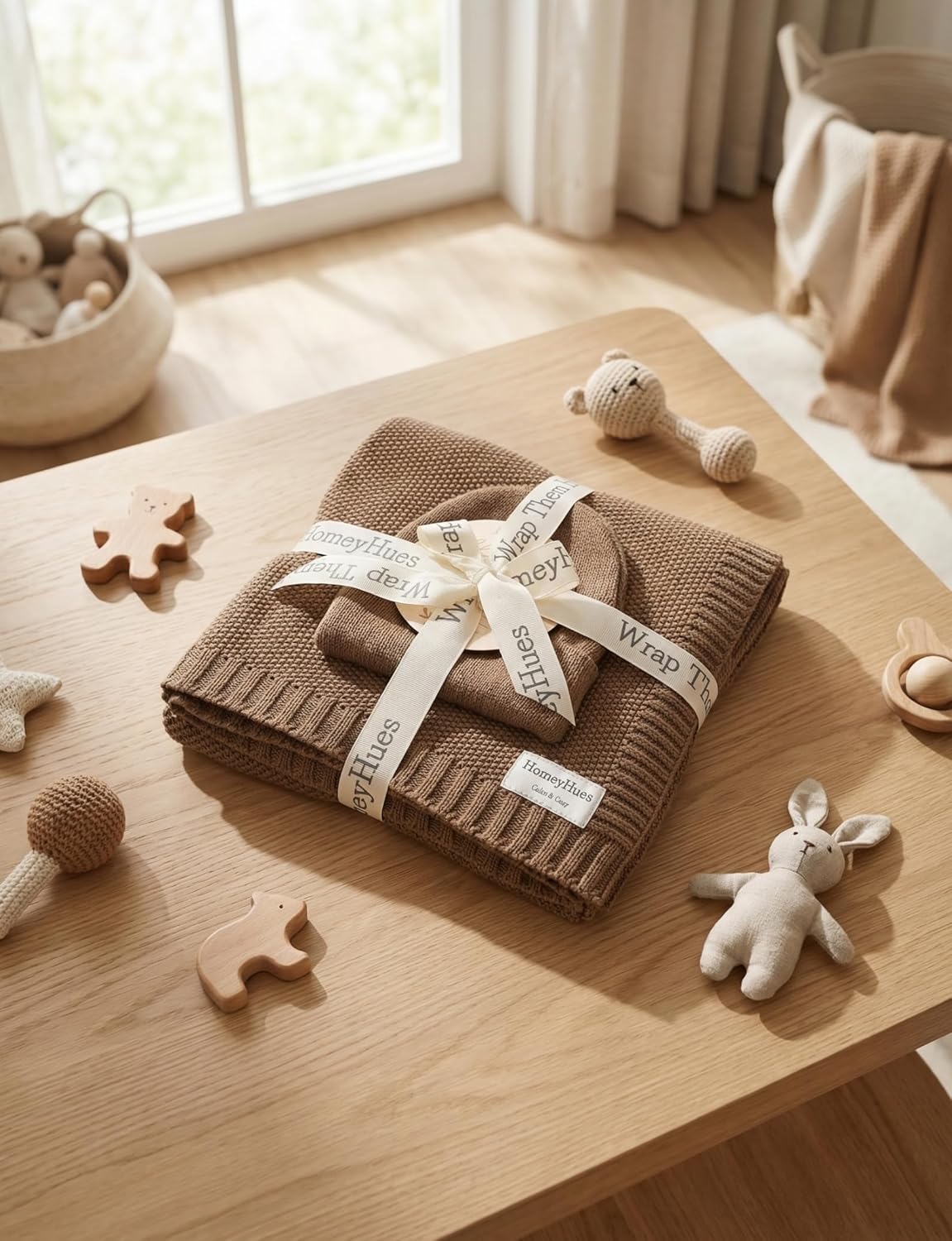 Luxury Baby Gift Set for Newborns - 100% Cotton Knit Blanket Essentials with Matching Beanie, Thoughtful Baby Shower & New Baby Gift for Boys & Girls(Caramel)