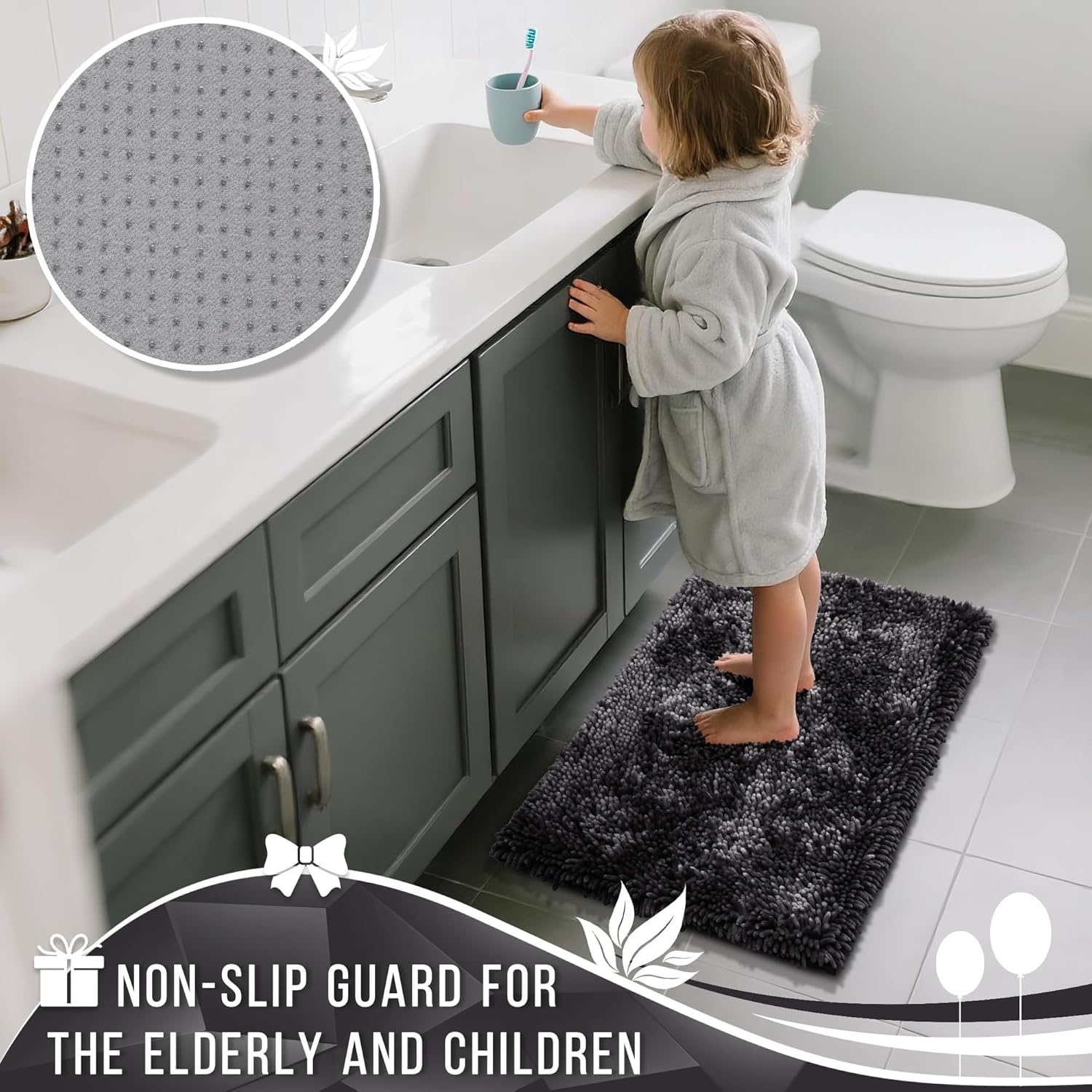 Yimobra Long Bathroom Rug Non Slip 44x24 Inch, Extra Thick Soft Absorbent Chenille Bath Mat, Machine Washable Quick Dry Bath Rugs for Bathroom Floor, Tub and Shower, Home Decor Accessories, Dark Grey - Image 6