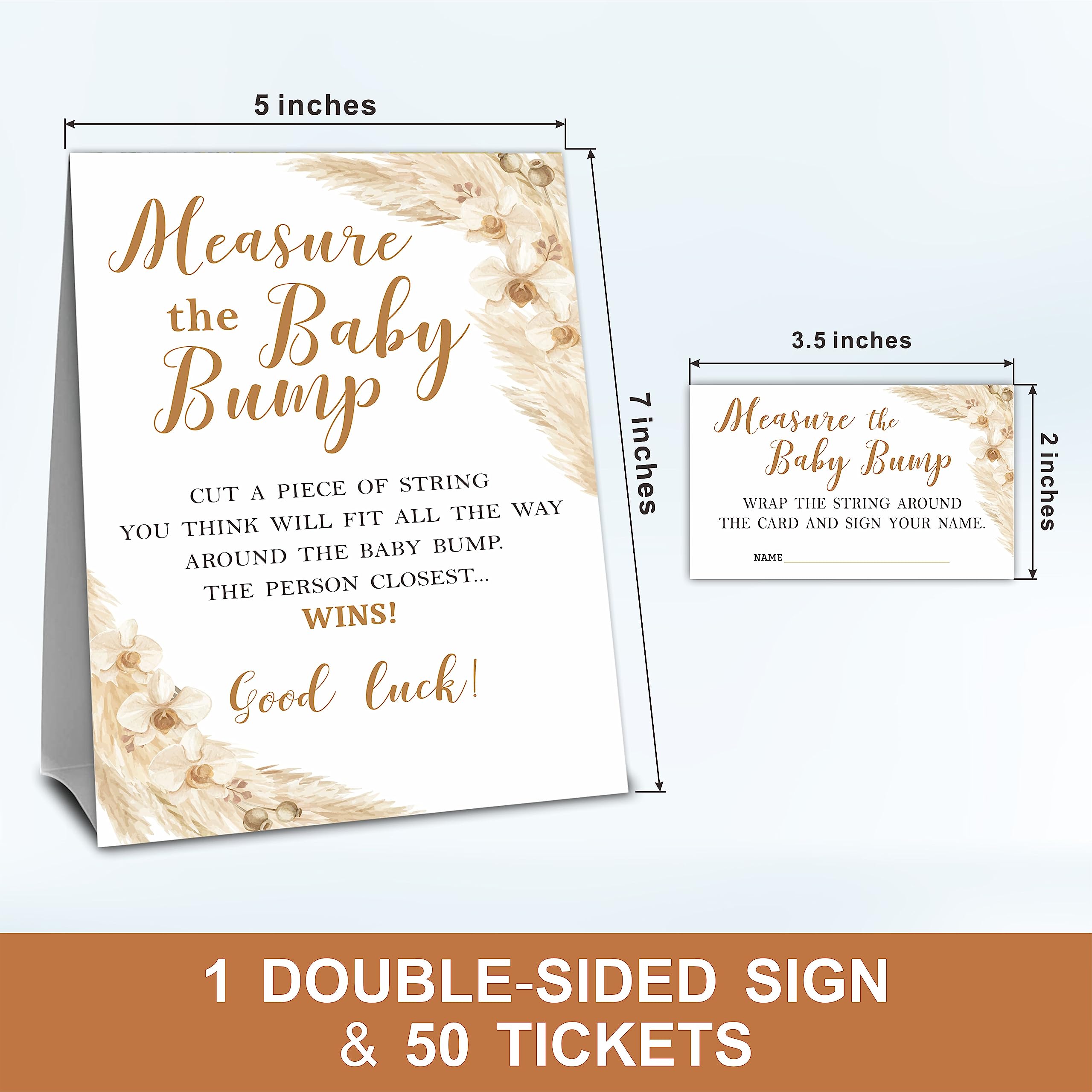 Boho Baby Shower Measure The Baby Bump, zestaw do gry w brzuch mamy - 1 samodzielny znak i 50 biletów - ujawnienie płci, baby shower, ogłoszenie dziecka i artykuły imprezowe - A02