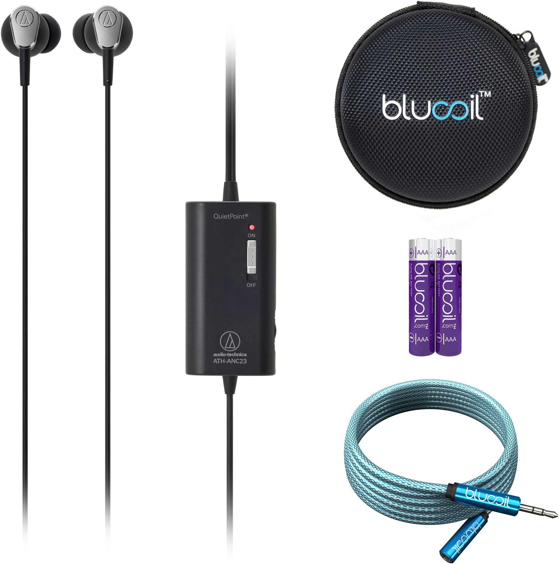 Audio-Technica ATH-ANC23BK QuietPoint Active Noise Cancelling in-Ear Headphones, Black -Includes- Blucoil 6-Ft Earphones Extension Cable, Portable Earbud Hard Case and 2-Pack of AAA Batteries