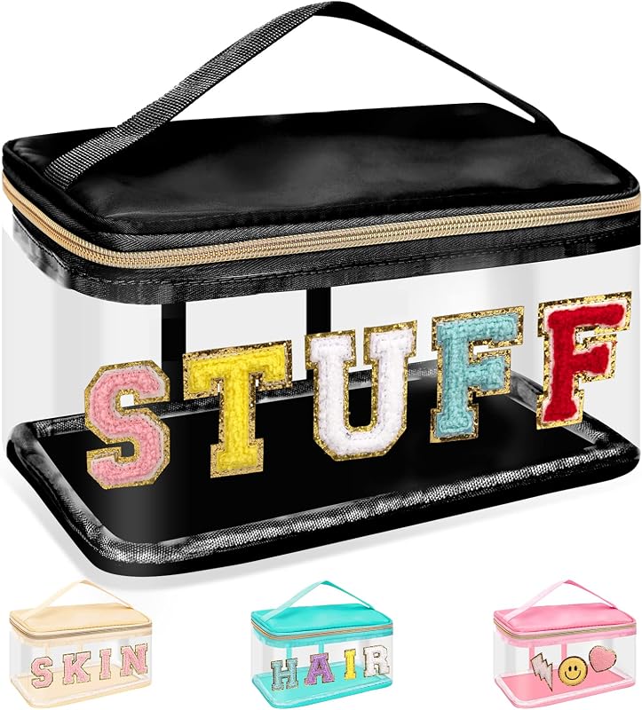 Necessaire transparente izuzta com zíper, alça e aplique de letras chenille STUFF-Black