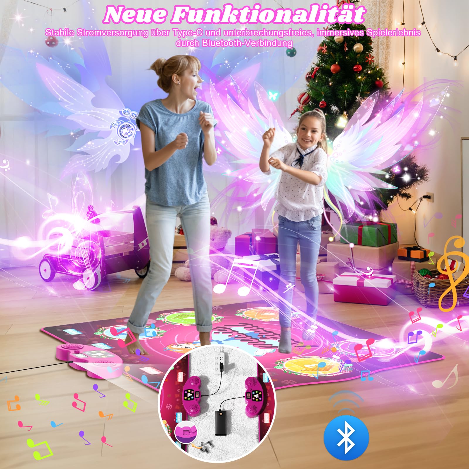 PLEGBLE Tanzmatte für Kinder ab 3 4 5 6 7 8 9 10 11 12 Jahre, Spielteppich Mädchen Spielzeug ab 3-12 Jahre, Geschenke Weihnachten, Type-C Anschluss für Stabile Stromversorgung, Bluetooth Musik, 6 Modi