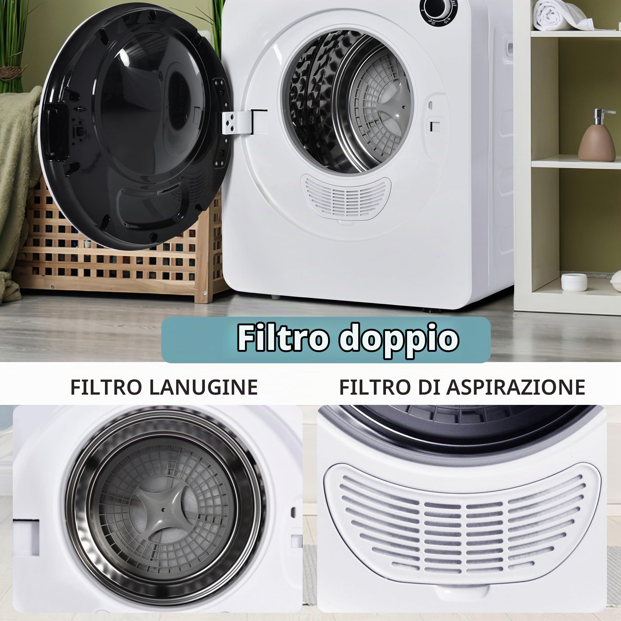 Qiang Mini Asciugatrice 3Kg,830W,Canna Interna in Inossidabile,Filtro Triplo,5 Programmi,Protezione Contro Surriscaldamento,può Essere Montato a Parete,per Piccoli Appartamenti O Dormitori