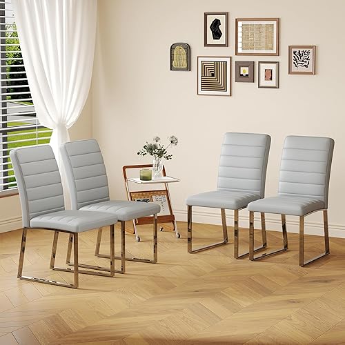 Juego de 4 sillas de comedor modernas, sillas de cocina de piel sintética gris, sillas de comedor tapizadas sin brazos con patas mentales plateadas,