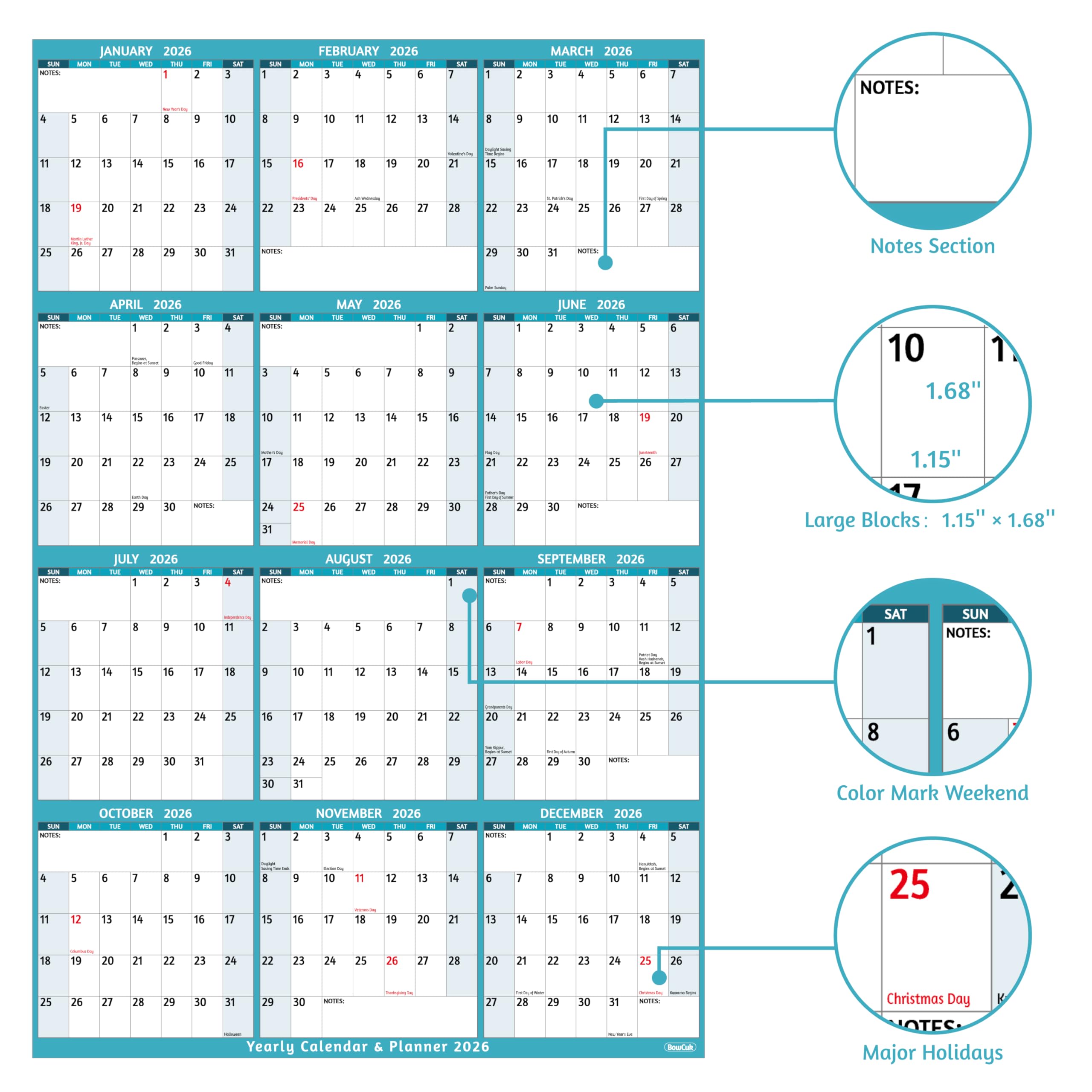 Calendario da parete 2025 Anno Verticale, Verde