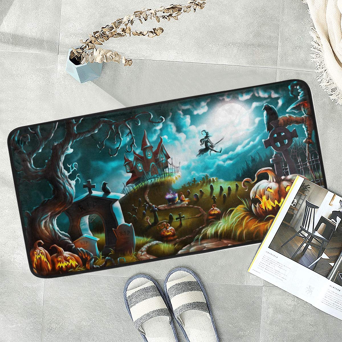 Naanle Halloween Anti Fatigue Kitchen Floor Mat, Mystery Graveyard Non Slip Absorbent Comfort Standing Mat Kitchen Runner Rug for Hallway Entryway Bathroom Living Room Bedroom 39 x 20 Inches