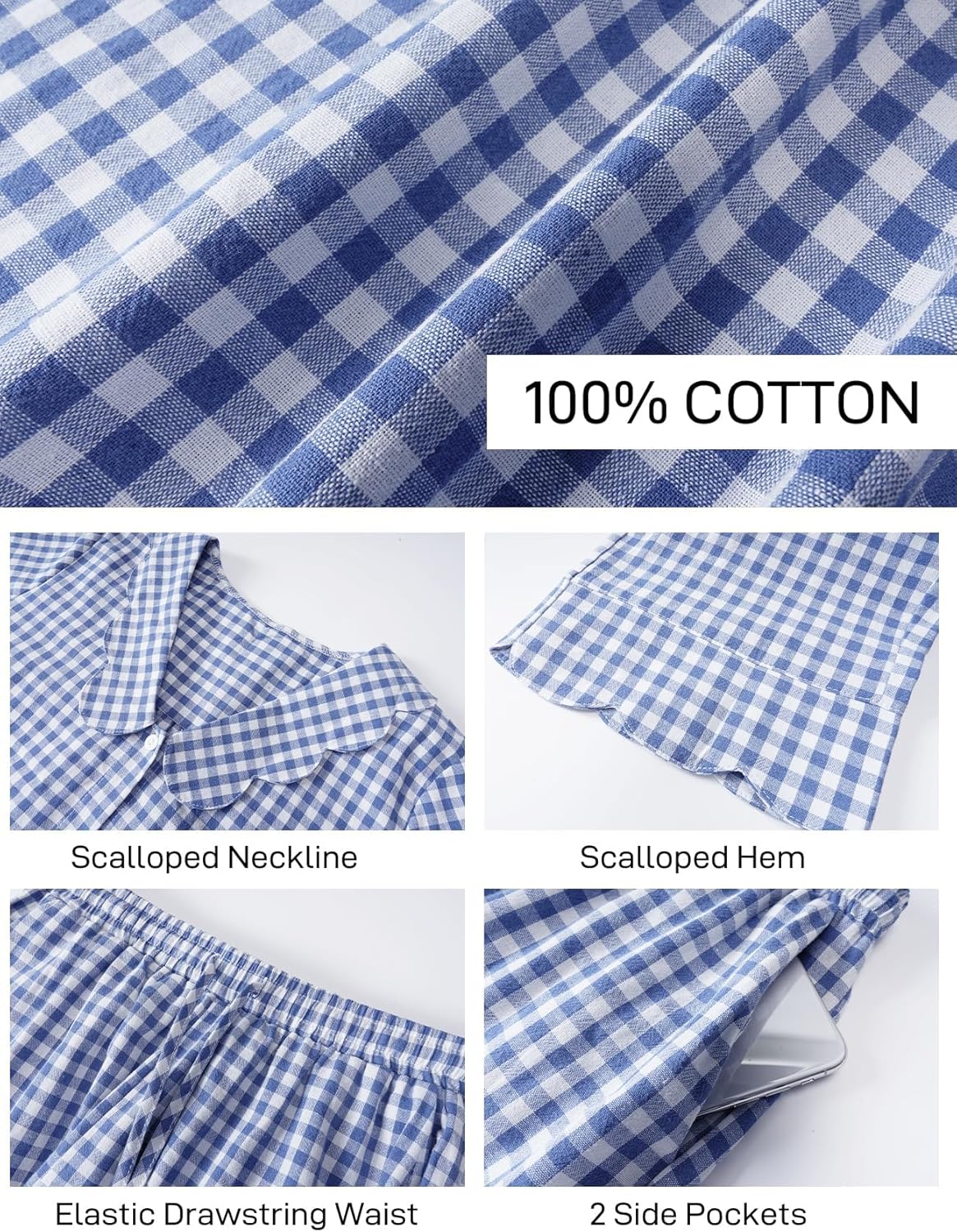 Flygo Womens Gingham Pajamas Set Cotton 2 Piece Pj Set Scalloped Collar Babydoll Shirt Pants Plaid Y2K Lounge Sets - Image 6