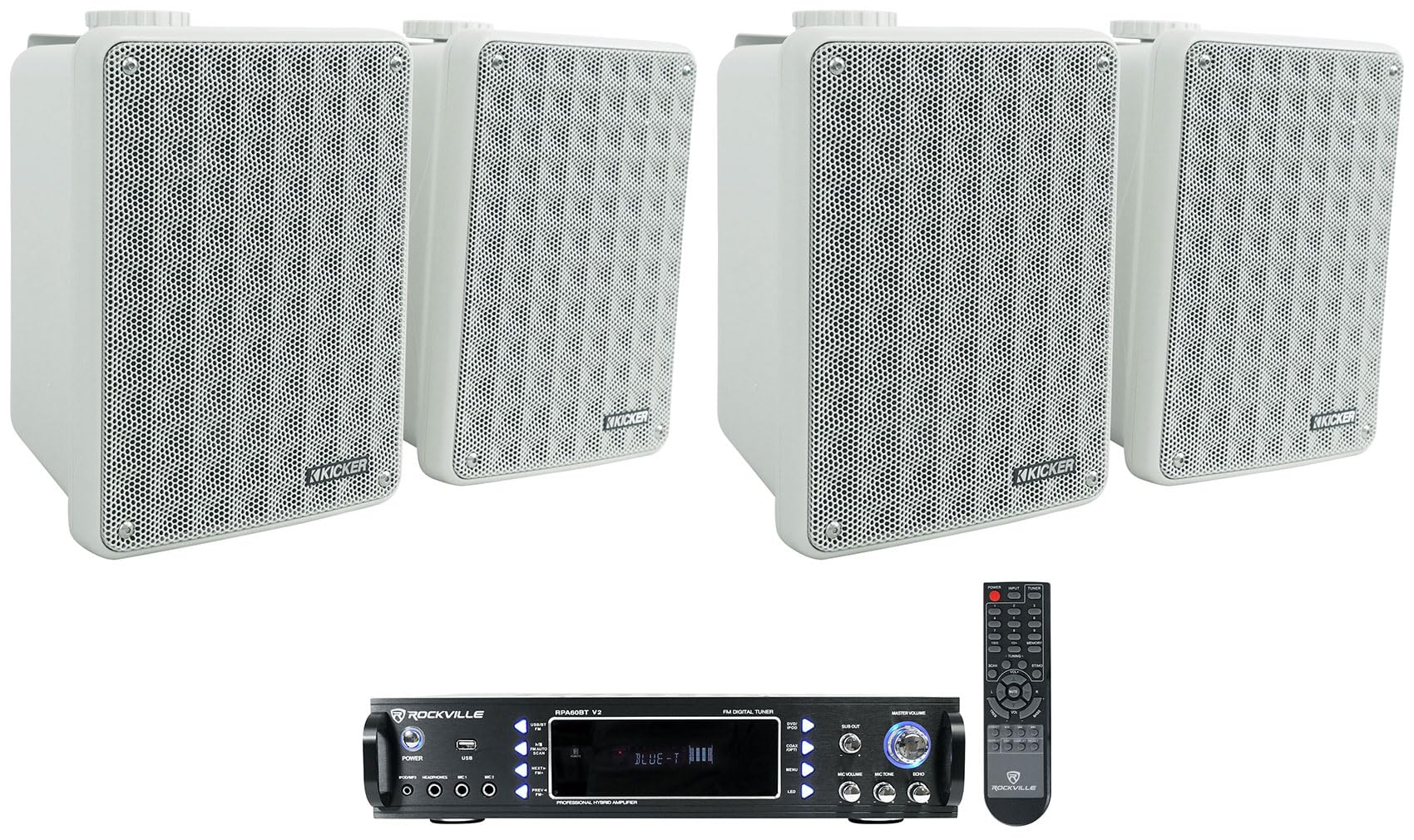 Rockville RPA60BT V2 1000 Watt 2-Ch USB Bluetooth DJ/Pro/Karaoke Amplifier Mixer Bundle with (4) Kicker 46KB6G KB6 6.5